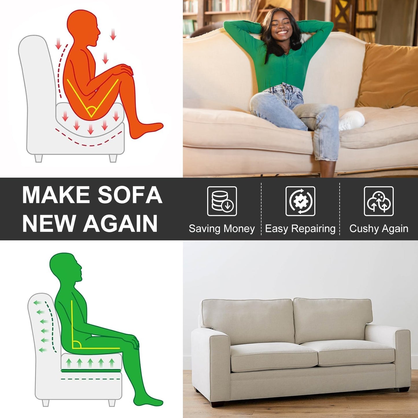 HAVARGO Couch Cushion Support High Density Foam 24X24X2.4 Inches Sofa Couch Supports for Sagging Cushions Light Grey 1Pc with Anti Slip Mesh Fabric