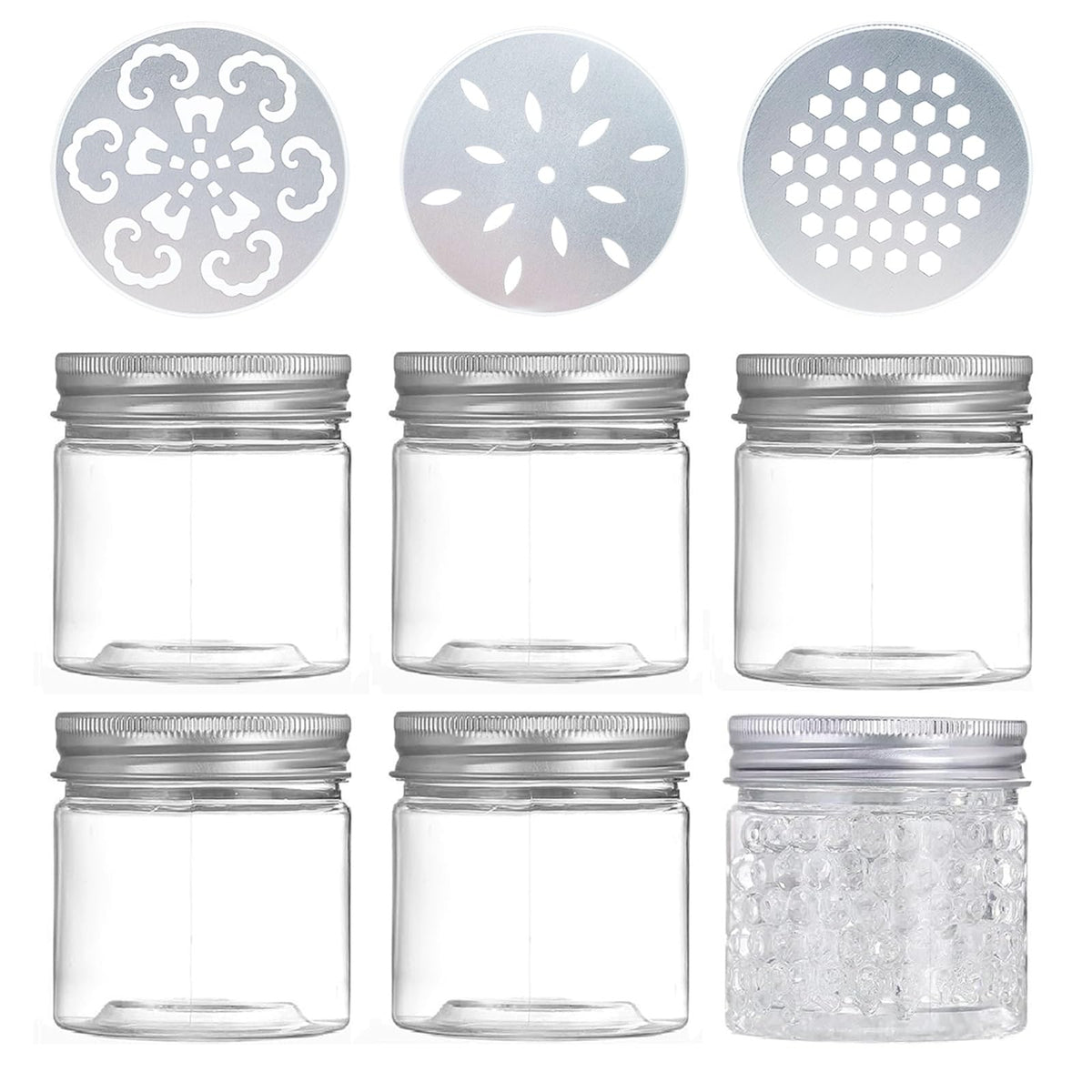 6 pcs 150ml 5 OZ 3 Styles Scented Beads Container Air Freshener Solid Perfume Aroma Diffuser Empty Storage Containers with Hollow Lids Round Jars Sample for Aromatherapy (6)