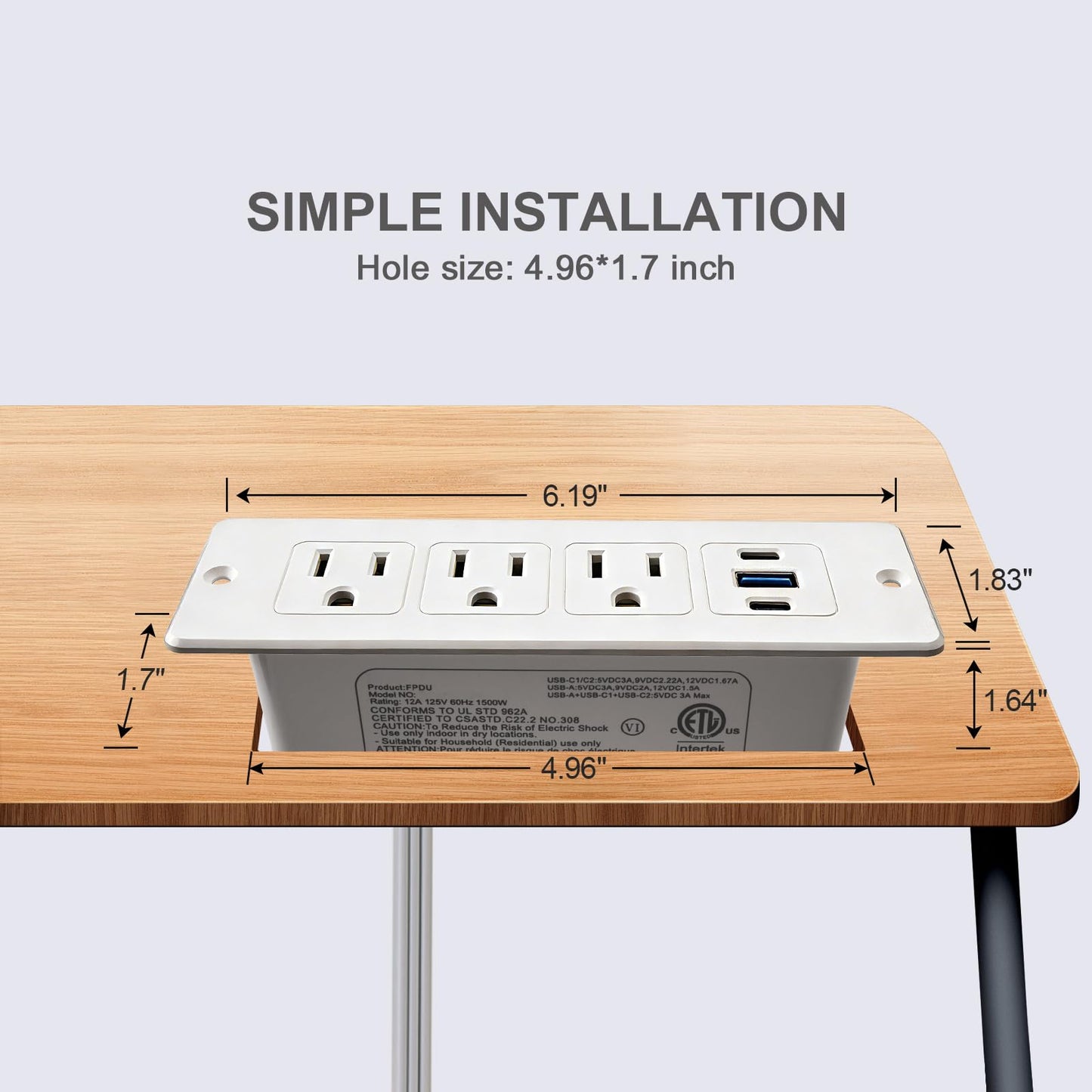 Furniture Recessed Power Strip with USB C 20W & USB A 18W,3 Outlets 3 USB Ports(2 USB C+1 USB A),Flush Mountable Electrical Outlet for Desk Cabinet Nightstand Counter, 6.56ft Flat Plug Cord (White)