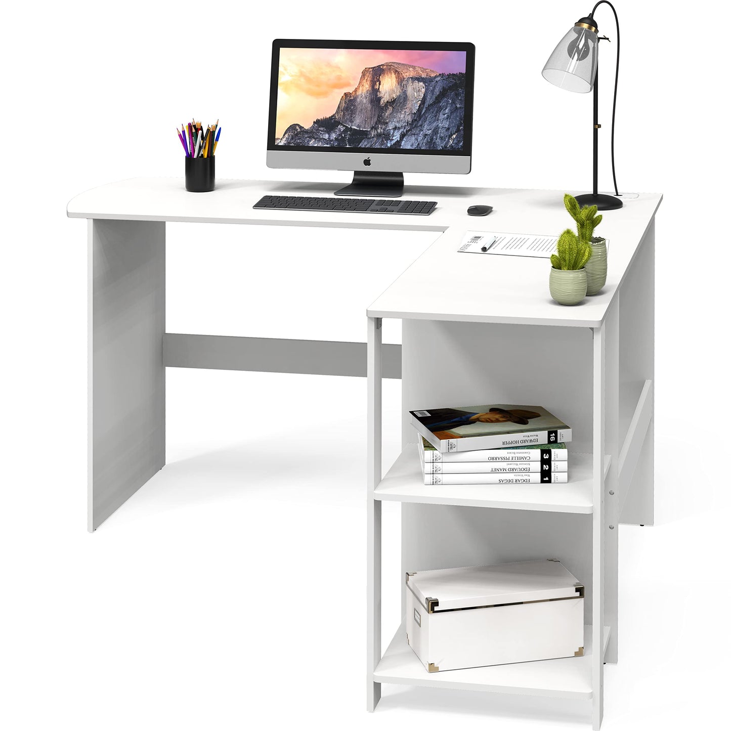 SHW 51 x 51 Inches L-Shaped Home Office Wood Corner Desk wtih Storage, White