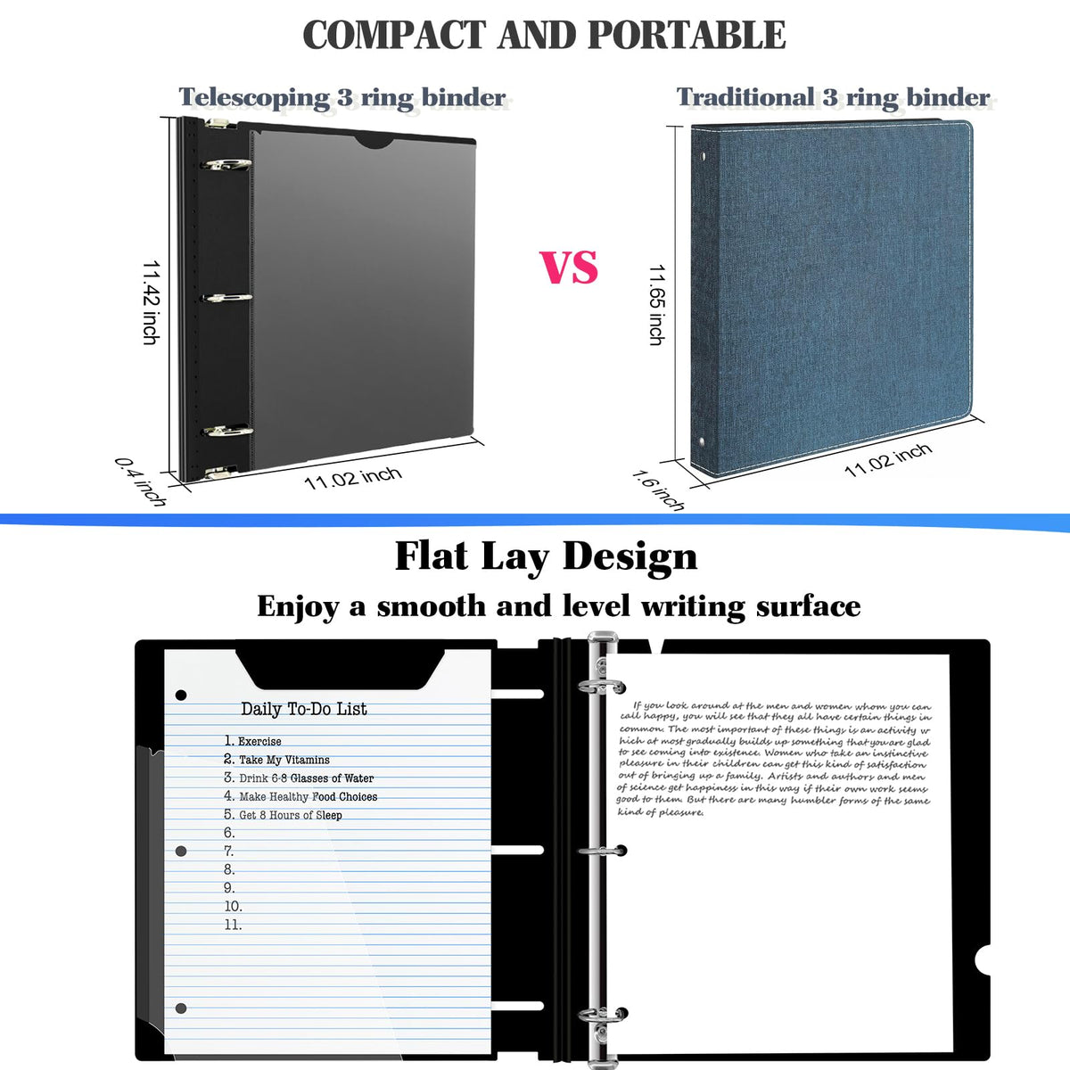 INFUN 1 Inch Telescoping 3 Ring Binder - 6PCS, Flexible Round Binder with Customizable Front Cover and Clear Catalog Pocket, 1Inch Rings, 225 Sheet Capacity-Black