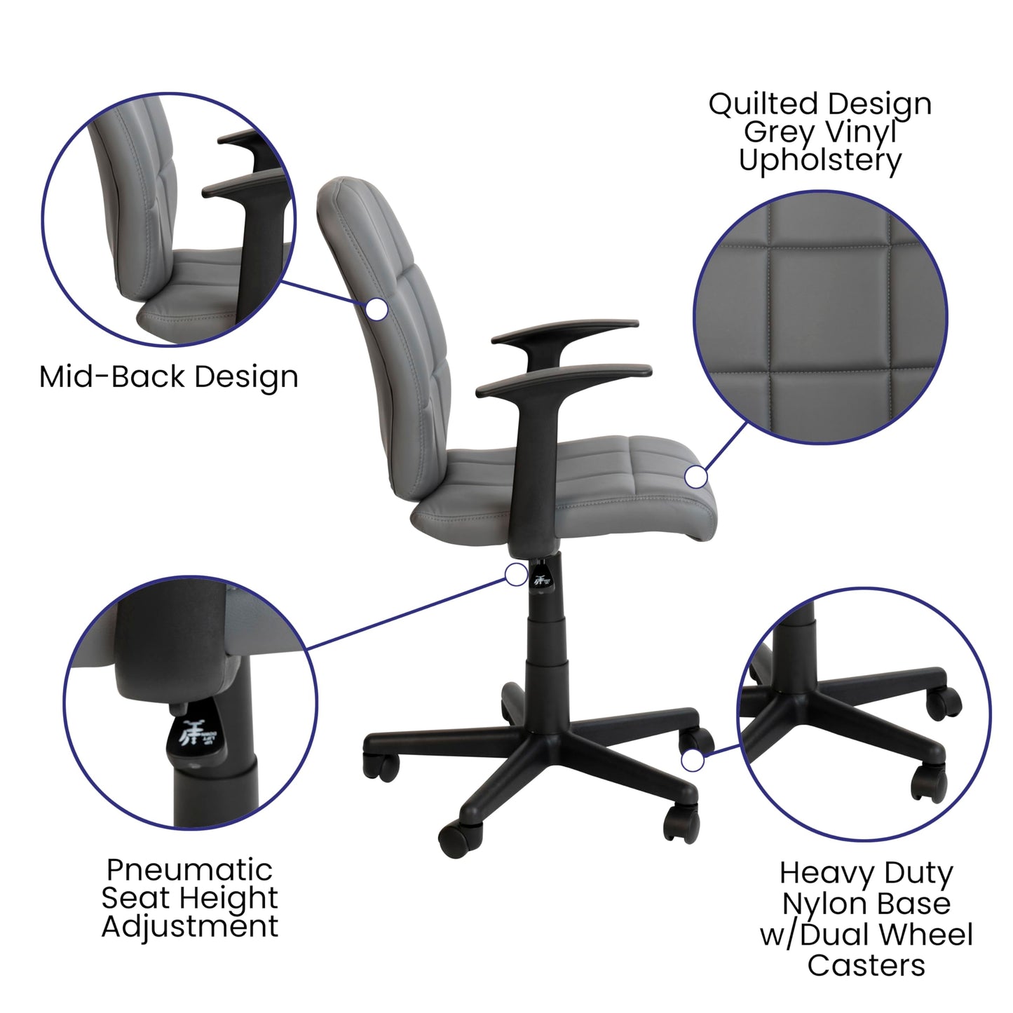 Flash Furniture Clayton Mid Back Swivel Task Chair with Arms - Gray Vinyl Upholstery - Tufted Back and 360° Swivel