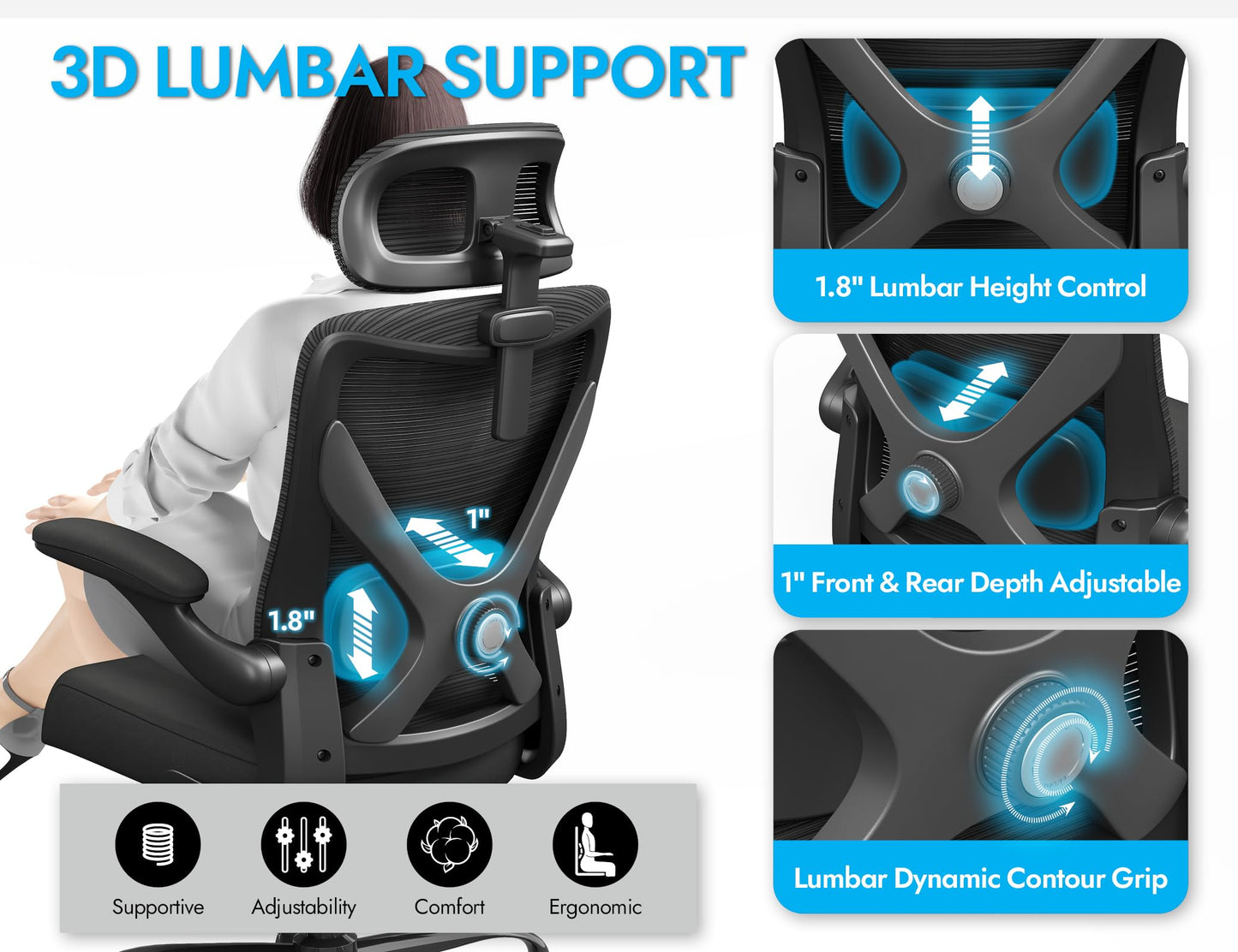 Black Ergonomic Office Chair - Mesh Desk Chair with Adjustable Lumbar Support High Back Computer Gaming Chairs - Big and Tall Office Chairs Adults, Comfortable for Long Hours