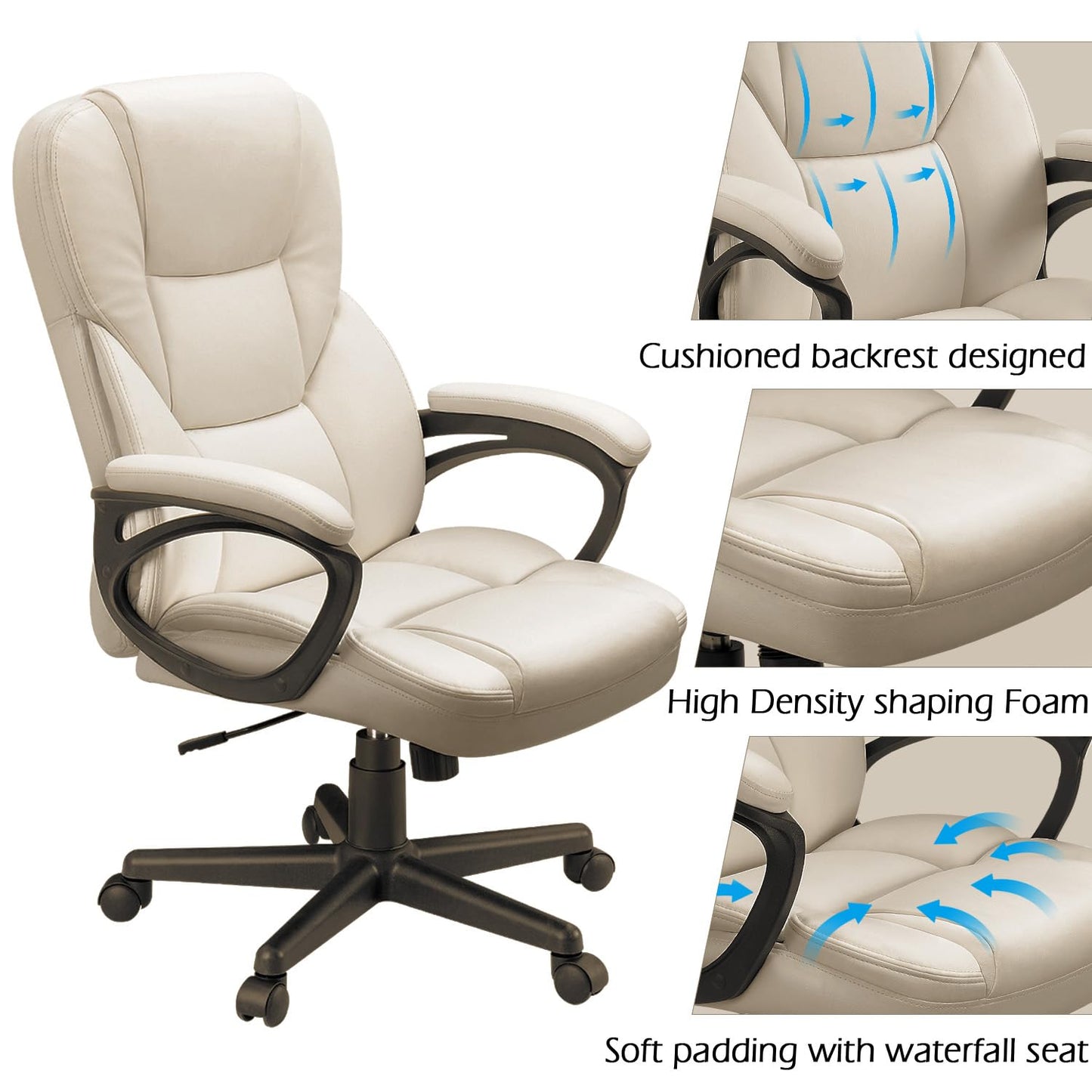 Furmax Office Executive Chair High Back Adjustable Managerial Home Desk Chair, Swivel Computer PU Leather Chair with Lumbar Support (1, Beige)