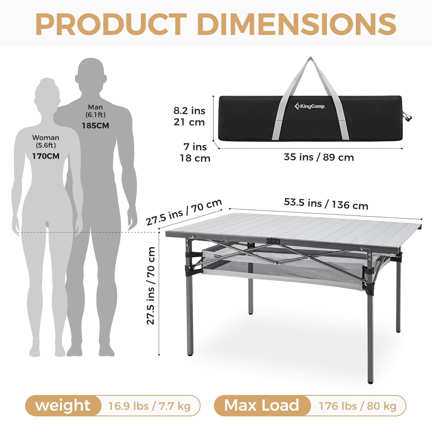 KingCamp Folding Camping Table, Aluminum Roll-Up Camp Table, Large Foldable Table for 6-8 Person, Outdoor Portable Tables with Carry Bag, 180 LBS Heavy Duty Load (Silver+Mesh：53.5" × 27.5")