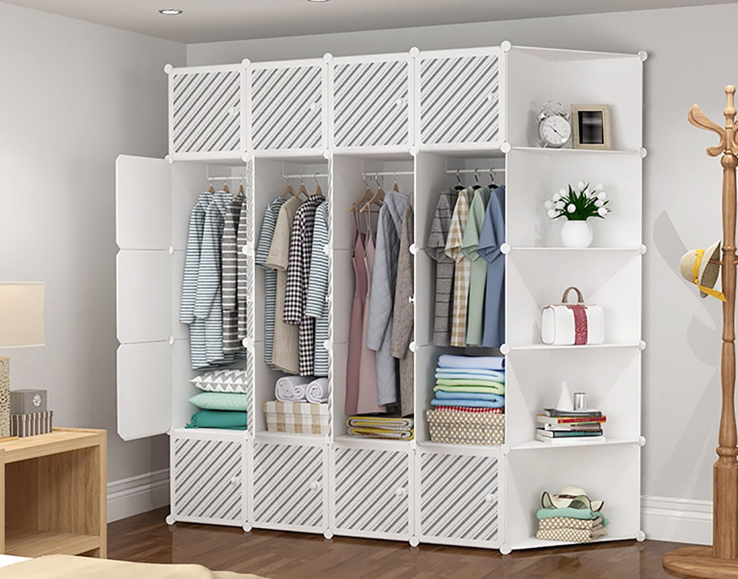 Floor-Standing Solid Wood Rotating Coat Rack，Foldable Portable Modular Plastic Wardrobe & Shoe Storage Cabinet, Multi-Functional Organizer for Bedroom, Hallway, Entryway - Ideal for Clothes,