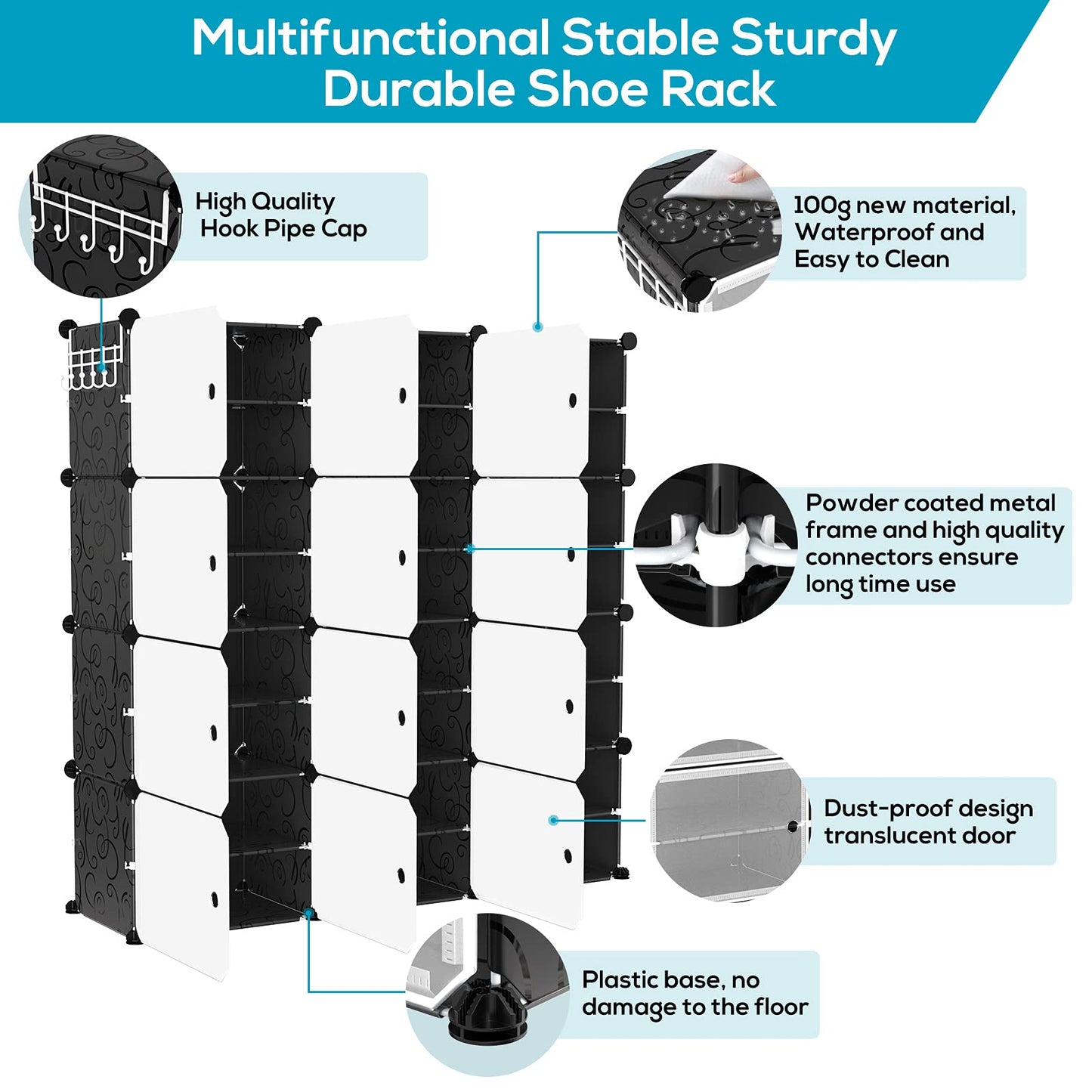 VTRIN Portable Shoe Rack Organizer - 48 Pair Tower, 4 Tiers for Entryway Shelf Storage - Cabinet Stand for Heels, Boots, Slippers - Narrow Standing Stackable Space Saver - Black White