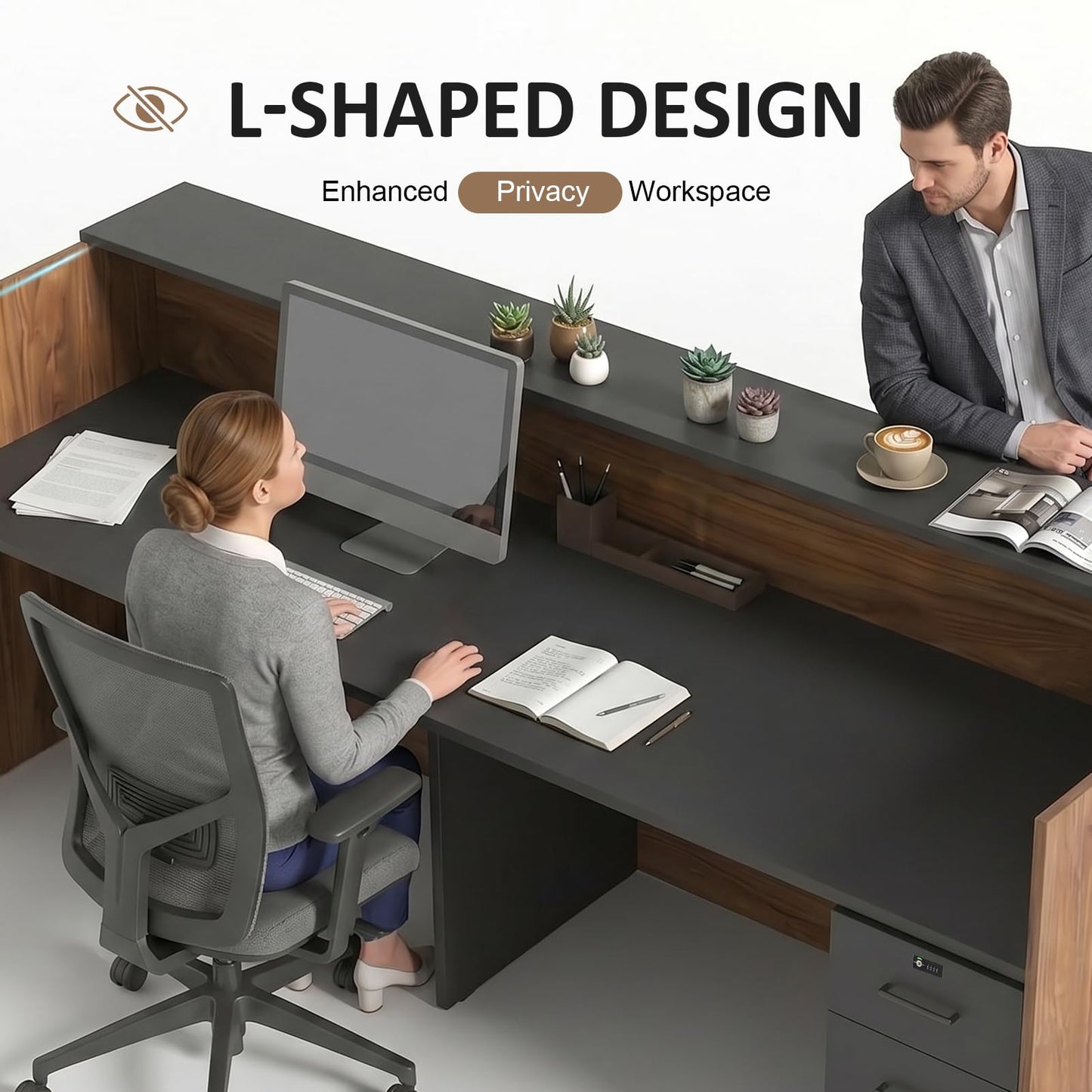 YTElantivo 78" Modern L-Shaped Reception Desk with LED Lights & Mobile File Cabinet,Black Brown Office Front Desk Reception Counter with Drawers & Lock (Black & Brown, 78 * 24 * 43IN)