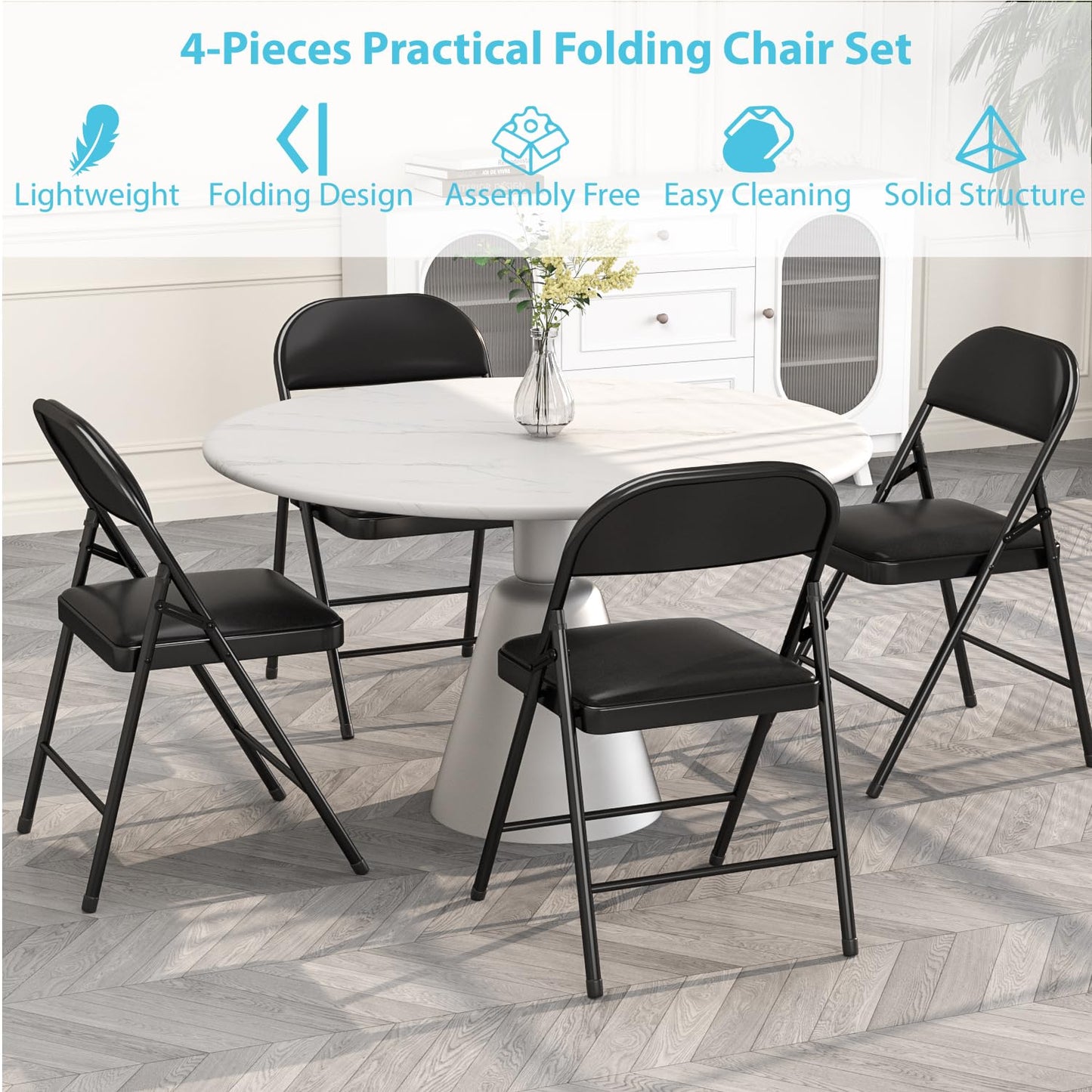 VOLIX 4 Pack Folding Chairs with Padded Cushion & Back, Padded Folding Chairs for Home, Office, Indoor, Outdoor Events (Black, 4 Pack)