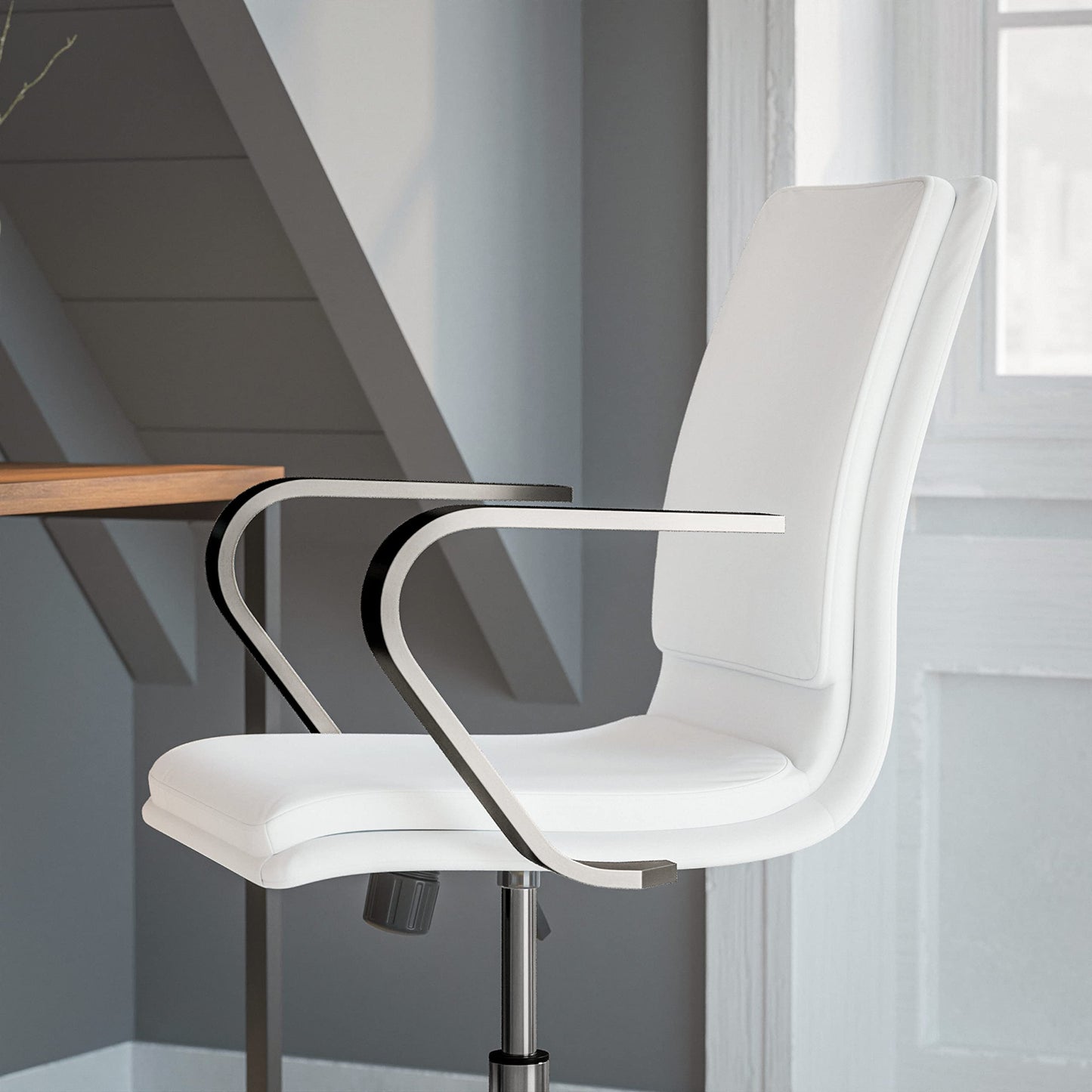 Flash Furniture James Mid-Back Designer Executive Office Chair - White LeatherSoft Upholstery - Brushed Chrome Base and Arms - Height Adjustable 360° Swivel Seat