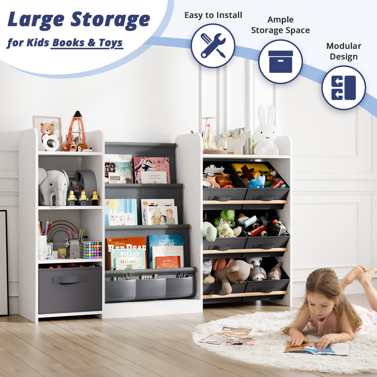 IKALIFE Kids Toy Book Storage Organizer - Large Bookshelf with 7 Removable Bins, Baby Bookshelf and Toy Storage, 4-Tier Book Shelf for Kids Room, Playroom, Classroom, 51 inch, White