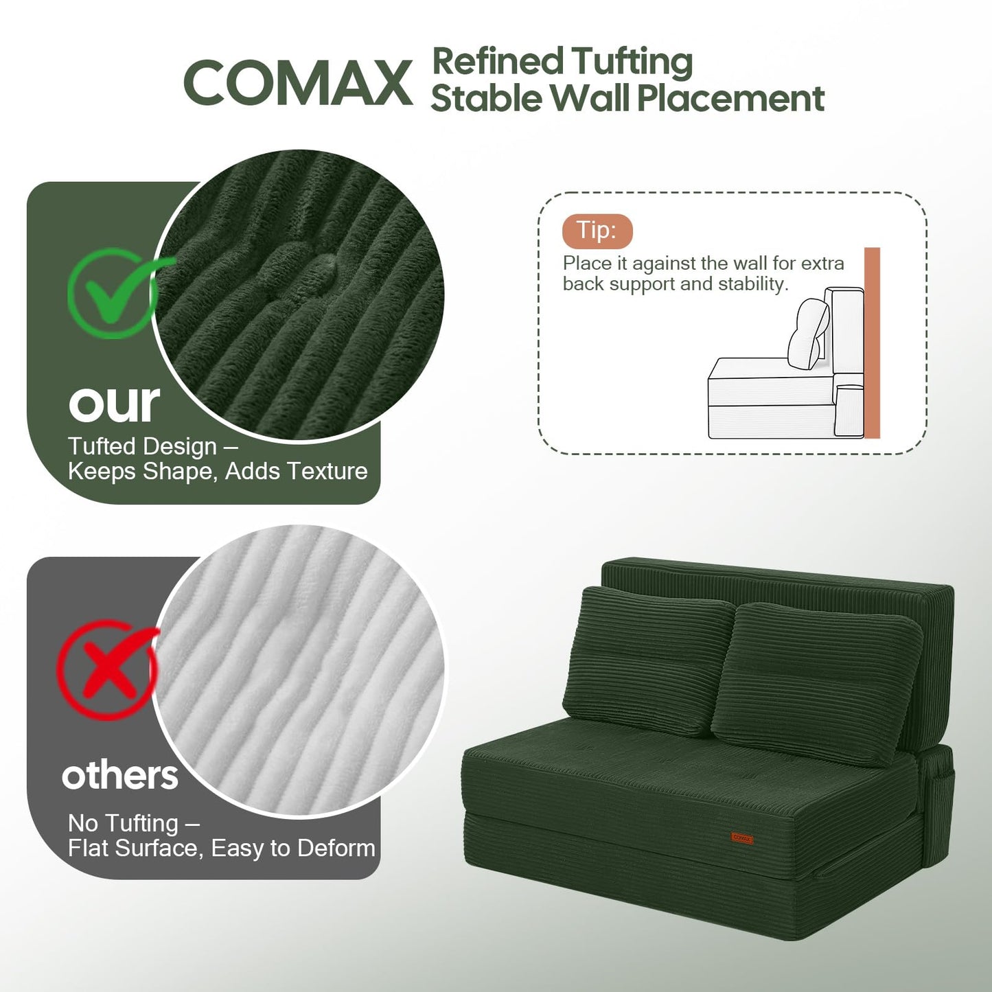 COMAX Folding Sofa Bed, Foldable Couch for Bedroom, Convertible Floor Sleeper Futon Chair Foam, Corduroy 3 in 1 Fold Out Chair Portable Comfy Lounge Couch Sofa Bed for Small Space, Twin, Green