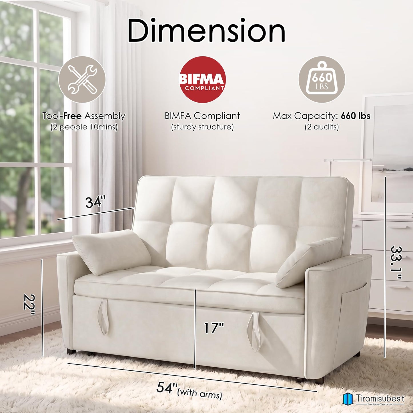 tiramisubest 54'' Sleeper Sofa Bed, Convertible Pull Out Couch Futon for for Living Room,Apartment (Beige, Loveseat) Side Pockets, Velvet Fabric, Adjustable Backrest, Pull-Out Bed, Easy Assembly