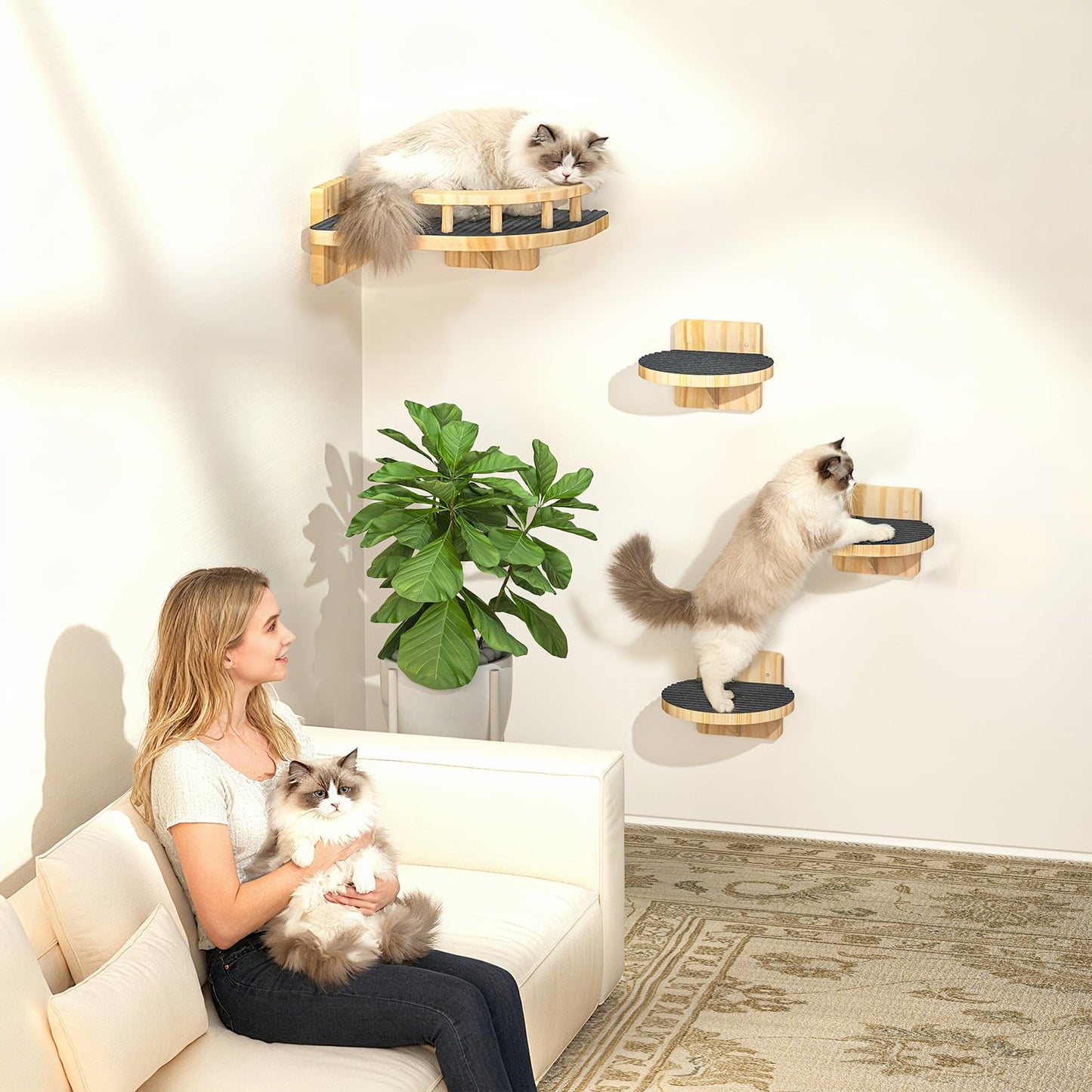 XiaZ Cat Wall Shelves, Corner Cat Shelf with 3 Wide Perch Steps, Kitty Wall Climber Wooden Furniture up to 25lbs, Modern Floating Cats Stairs for Indoor Sleeping, Playing, Climbing