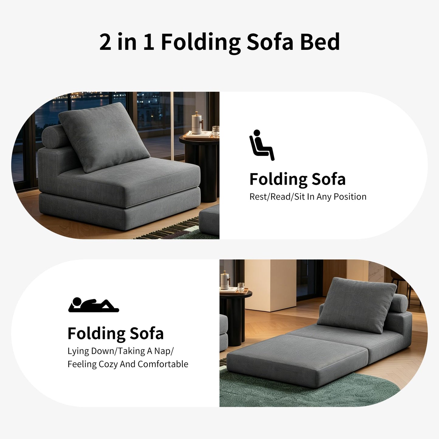 Folding Sofa Bed, Convertible Sleeper Chair with Memory Foam, Pillow & Back Support – Boneless Foldable Futon Couch, Floor Mattress Single Size Lounge for Living Room, Guest Room or Home Office