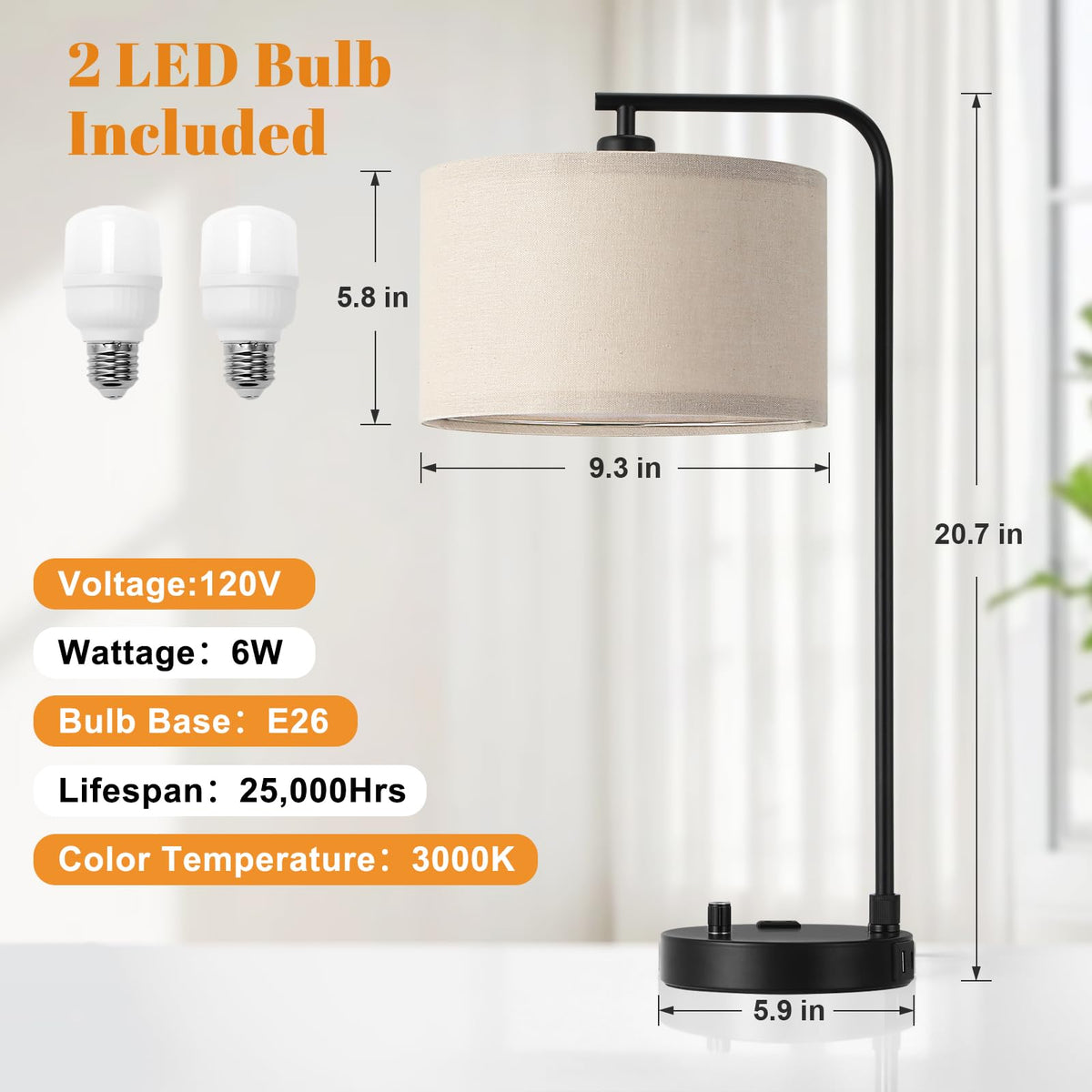 Innqoo Bedside Table Lamps for Bedroom Set of 2-Dimmable Nightstand Lamps with USB Port and Outlet,Modern Black Lamps with Linen Shade,Tall Desk Lamps for Home Office Bedroom Living Room End Table