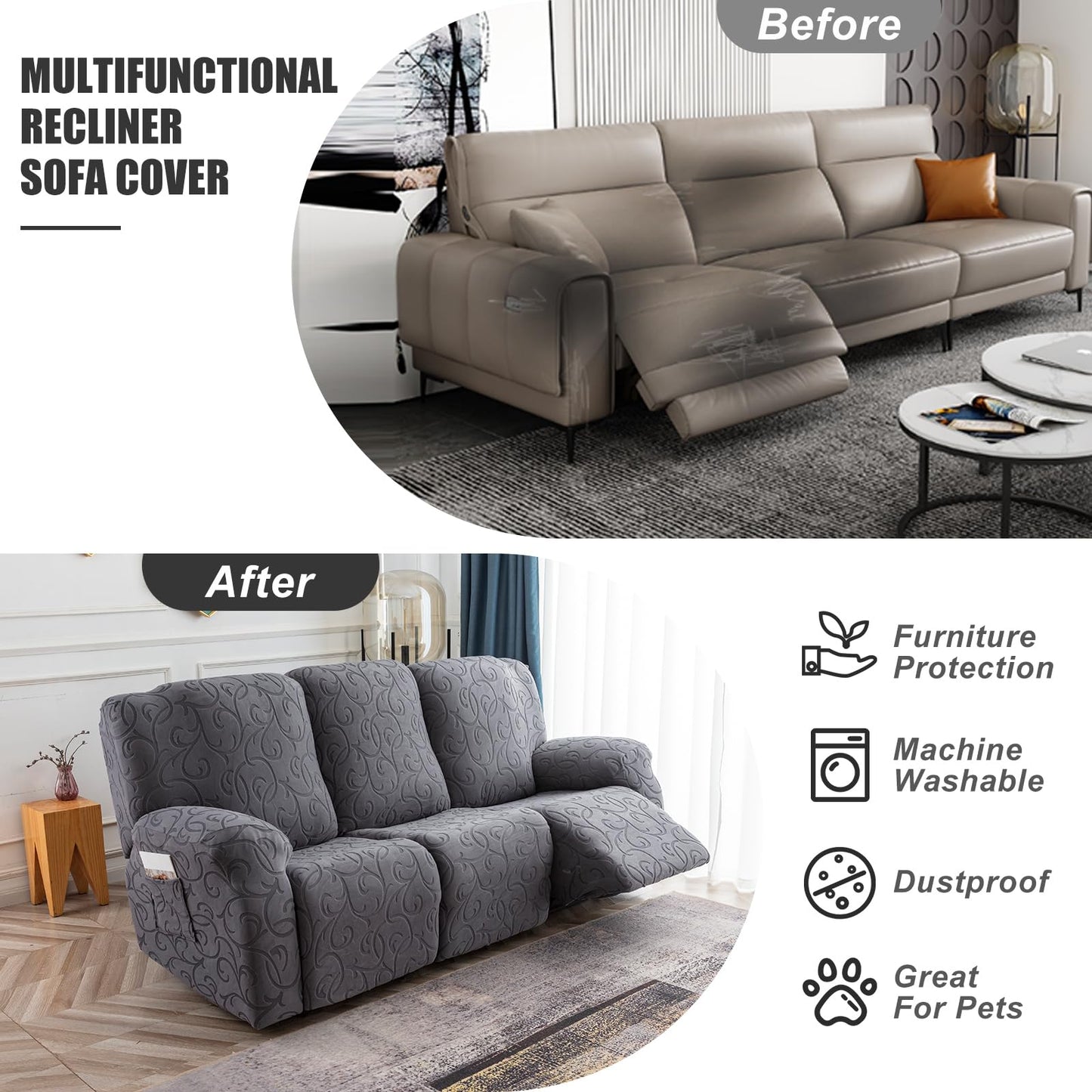 YUEANG Recliner Sofa Covers Sectional Couch Cover for Reclining Couch 3 Seat, 5-Pieces 3 Cushion Sofa Stretch Recliner Sofa Slipcover, Soft Jacquard Furniture Dog Couch Cover Protector