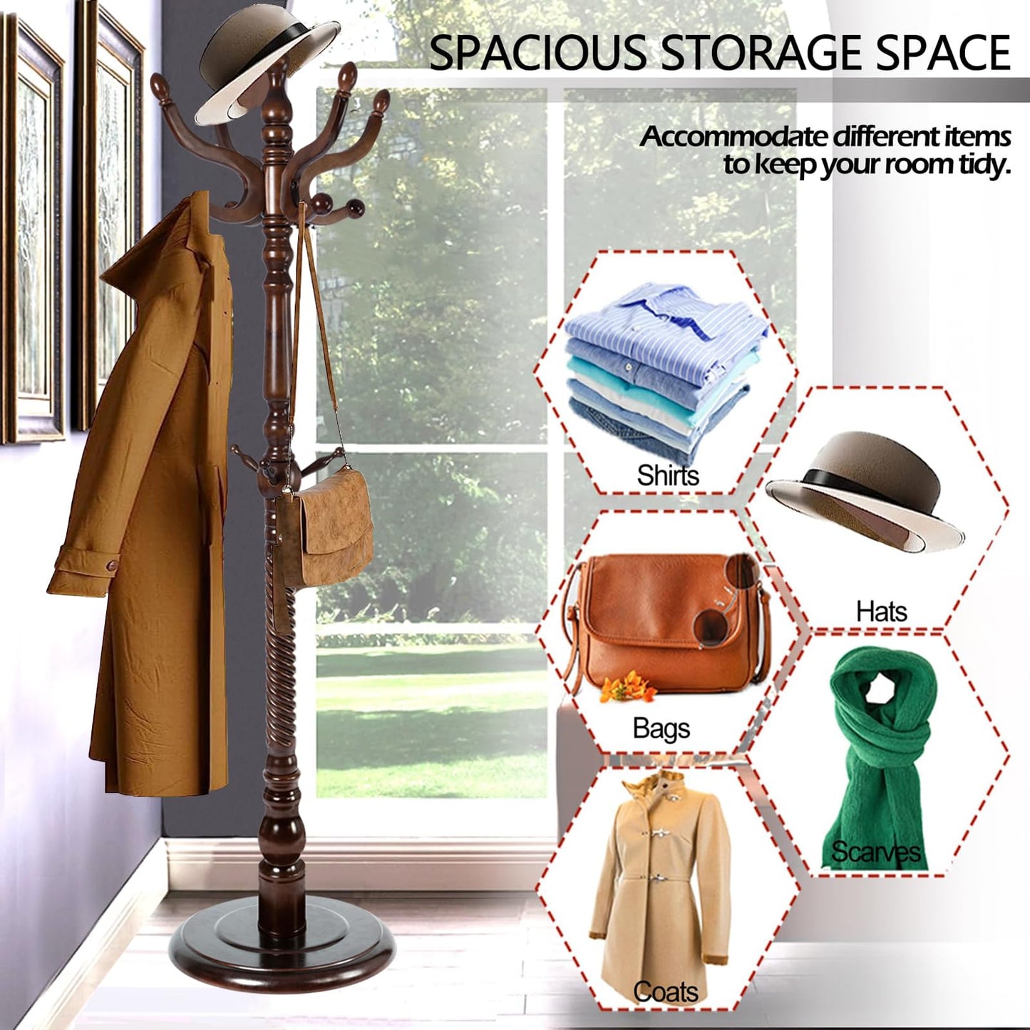 Sauqzoh Coat Racks Free Standing with 14 Hooks, Natural Wood Coat Stands for Entryway, Adjustable Height 73 in Tree Coat Rack Stand for Hallway Home Office Bedroom (Dark Brown)