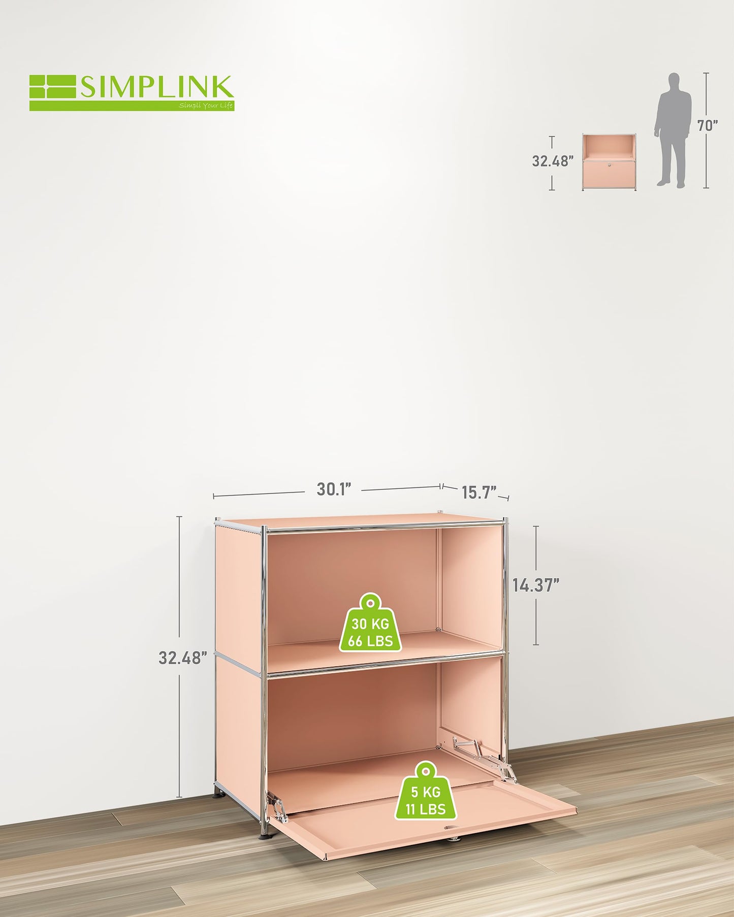 Simplink 32.5-Inch Flip-Top Storage Cabinet with Detachable Wheels, Metal Side Table and Small Sideboard Cabinet for Living Room, Bedroom, Office, Orange