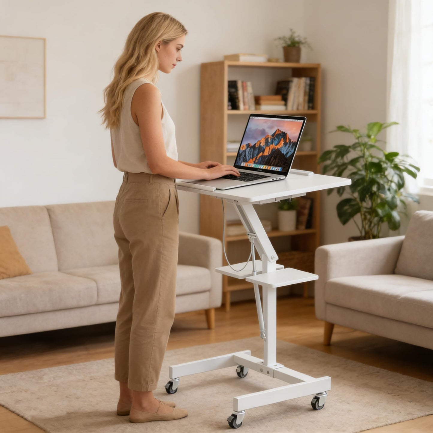 FULOOPHI Mobile Standing Desk with Wheels, Height Adjustable Laptop Table, 27.56 Inch Portable Ergonomic Workstation with Locking Casters & Tilting Top, White