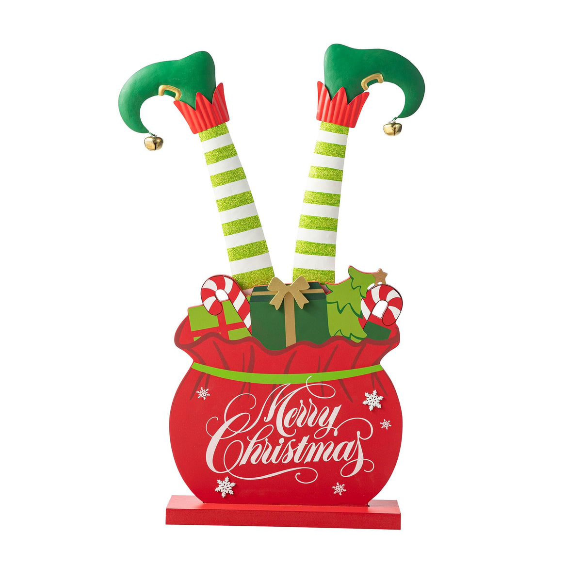 Glitzhome "Merry Christmas" Elf Legs Porch Sign, 24.5" Wood & Metal Gift Bag Display for Holiday, Festive Indoor Outdoor Welcome Greeting Decoration