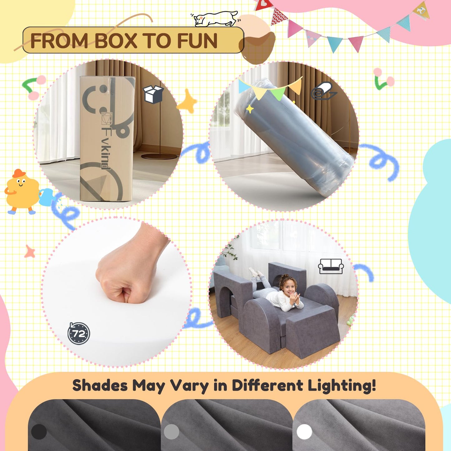 Fvkind 10 Pcs Modular Kids Play Couch, Multifunctional Foam Kids Couch for Playroom, Convertible Sectional Toddler Sofa for Boys and Girls, Toddler Sofa with Premium Foam and Washable Cover, Grey