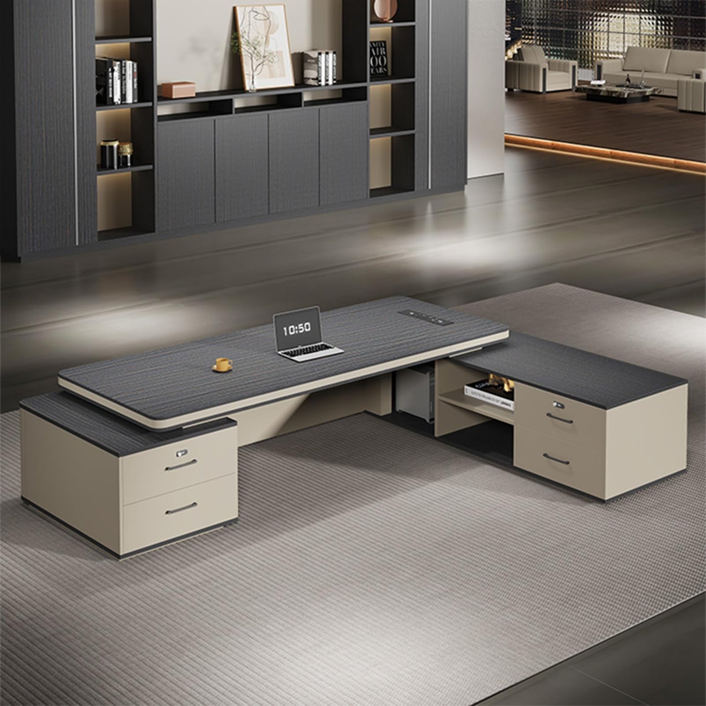 LSIGHTUS 94" Executive Desk - L Shaped Office Desk with Drawers, Modern Large Home Computer Table with Storage Shelves and Cable Management Box Gaming Study Table Business Furniture for CEO, Boss