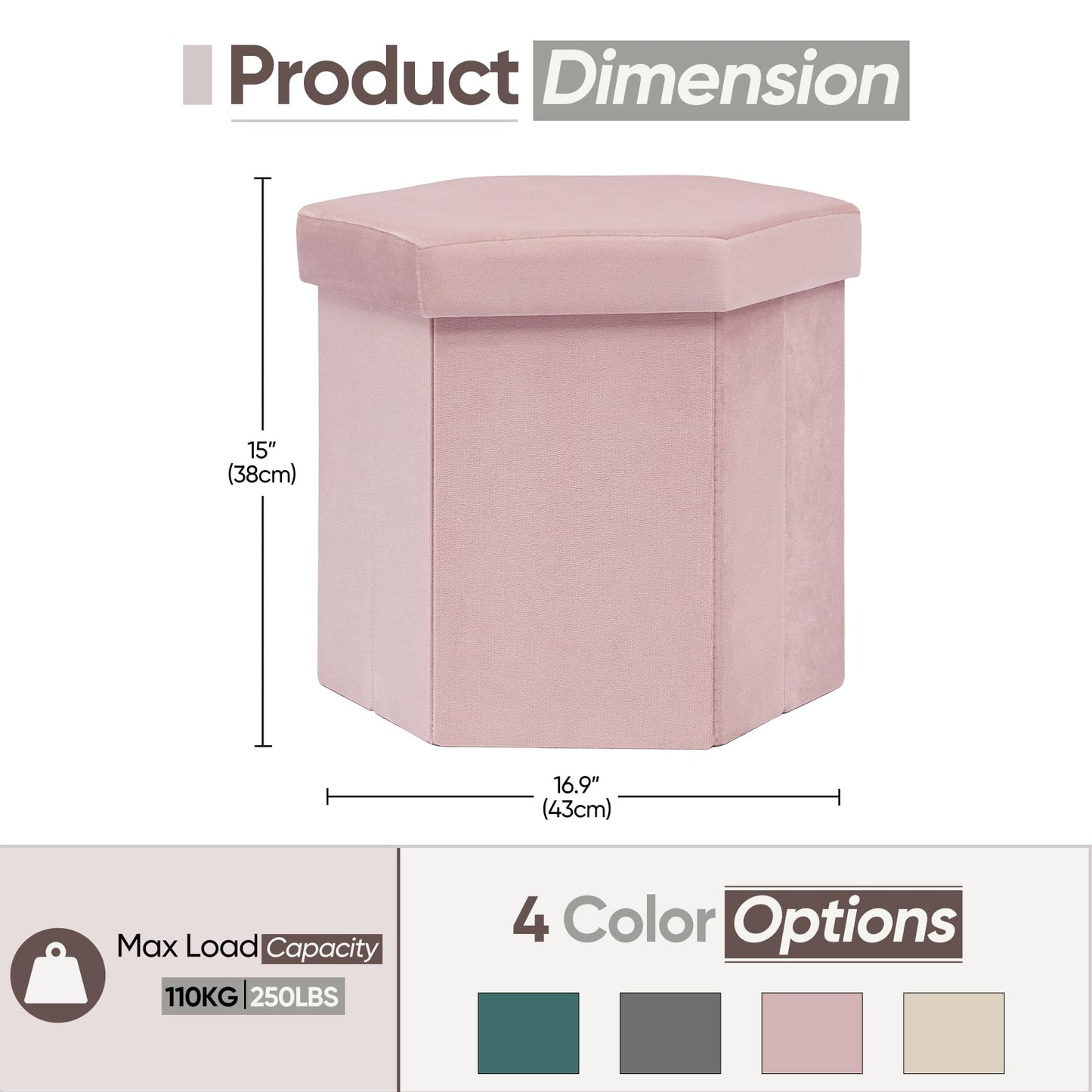 ZOLANOful Hexagon Storage Ottoman for Small Spaces, Velvet Accent Footstool with Hidden Storage, Foldable Ottoman Seat for Living Room, Bedroom, Dorm & Entryway, Blush Pink, 15 x 16.9 x 15 Inch