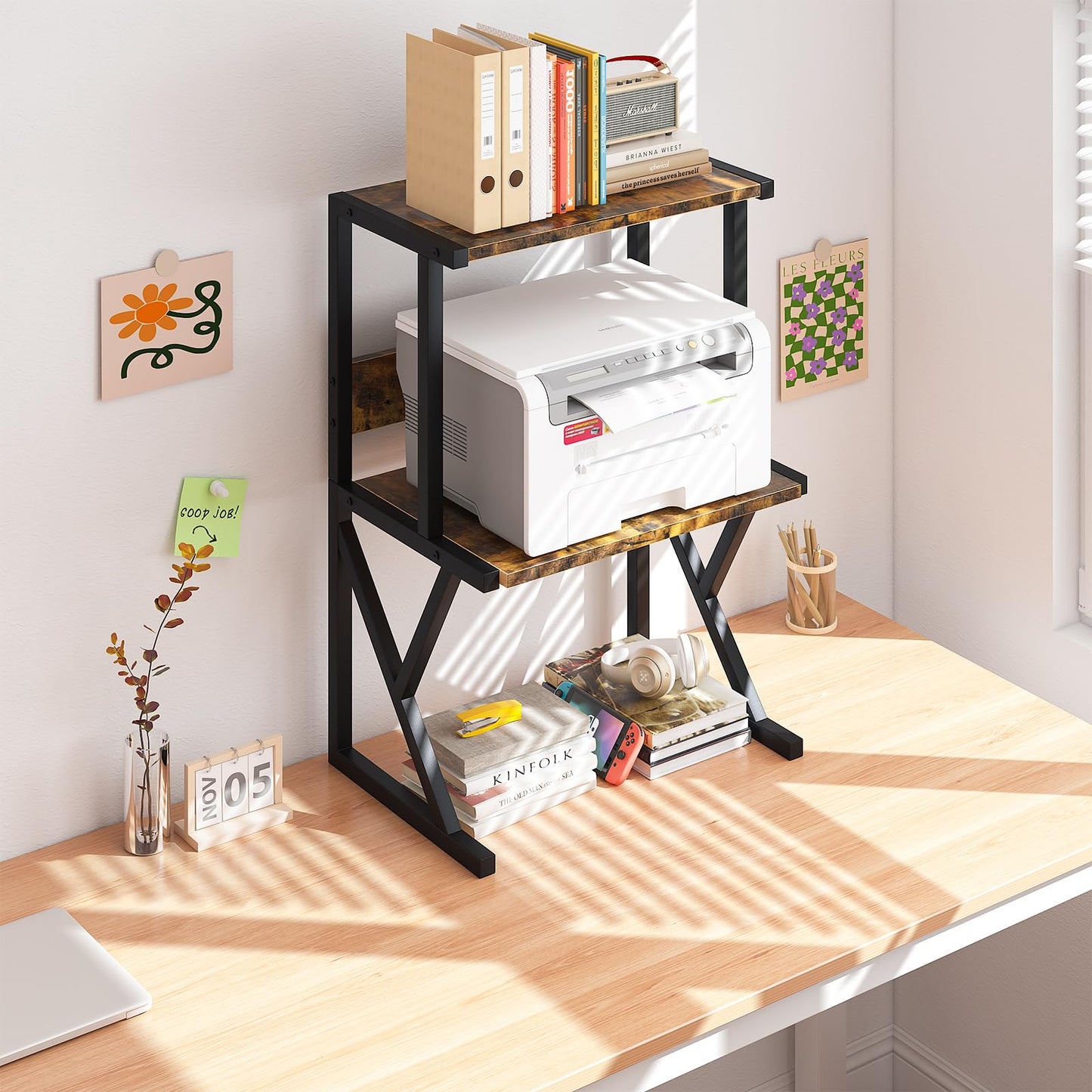 aboxoo Desktop Printer Stand with 3 Tier Wood Storage Shelves,Under Desk Printer Table,Multi-Purpose Home Office Desk Organizer for Fax Machine, Scanner (Brown)
