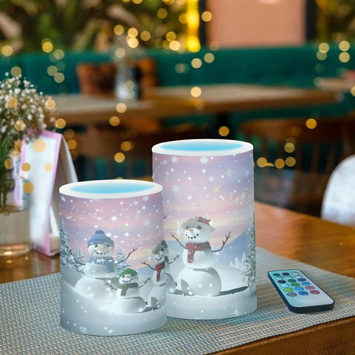 ALAZA Christmas Tree and Snowman Winter Snowflakes Flickering Flameless Candles Battery Operated with Remote Timer,Tea Light Candles LED Pillar Votive Candles Set of 2 for Outdoor Indoor Decorations