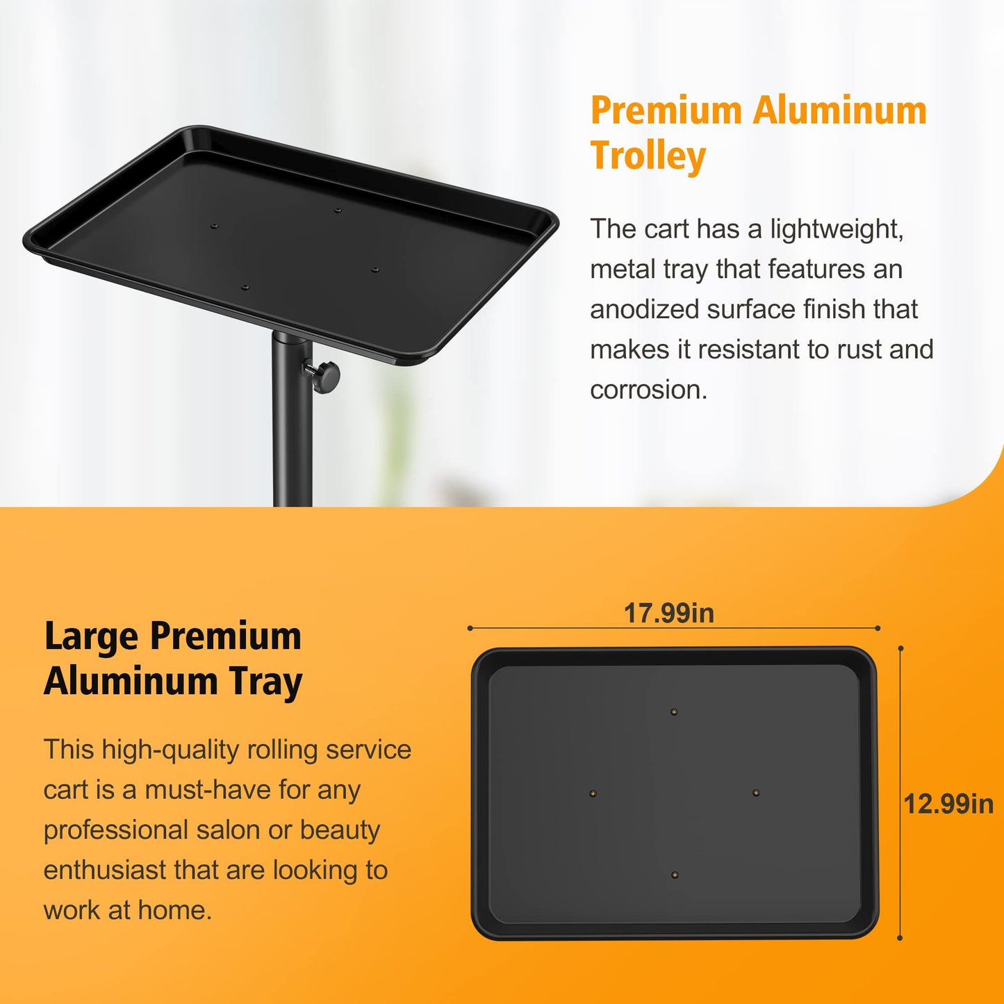 DEER BEAUTY Salon Tray on Wheels - Premium Aluminum Tattoo Tray Rolling Trolley - Adjustable Salon Service Rolling Tray Hairdresser Cart with Clinic Spa Rolling Tray Wheels (Black)