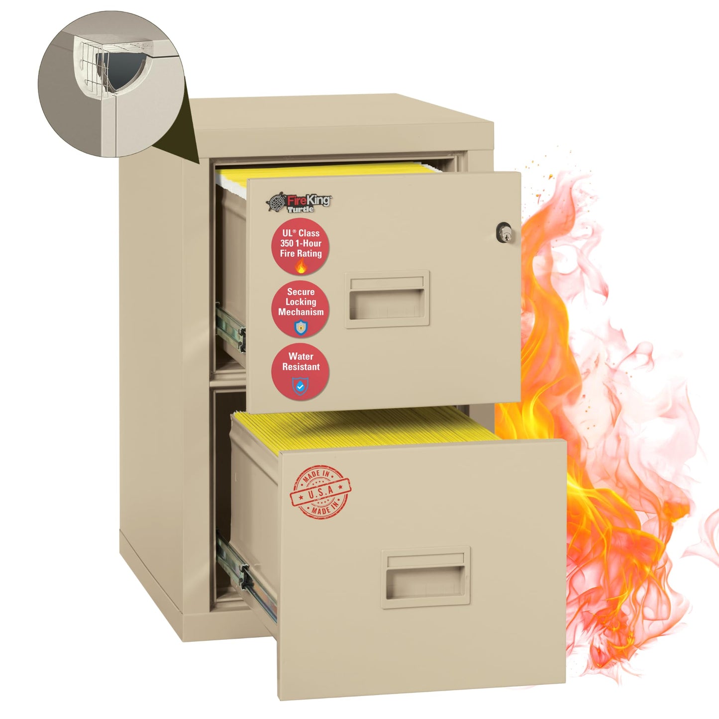 FireKing Turtle Vertical 2 Drawer Legal and Letter Fire Safe File Cabinet with Key Lock, 1 Hour Fire Rated, UL Rated & Water Resistant Home Safe, Filing Cabinet, Made in the USA, Parchment