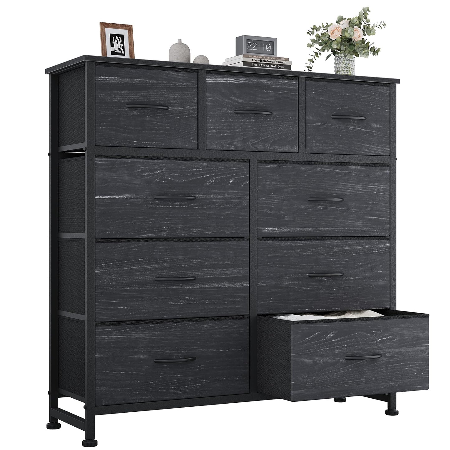 OLIXIS 9 Drawer Storage Dresser with Wood Top - Wide Fabric Chest Organizer for Bedroom, Closet, Living Room,Tower Cabinet, TV Stand, Hallway Entryway Furniture,Black Wood Grain