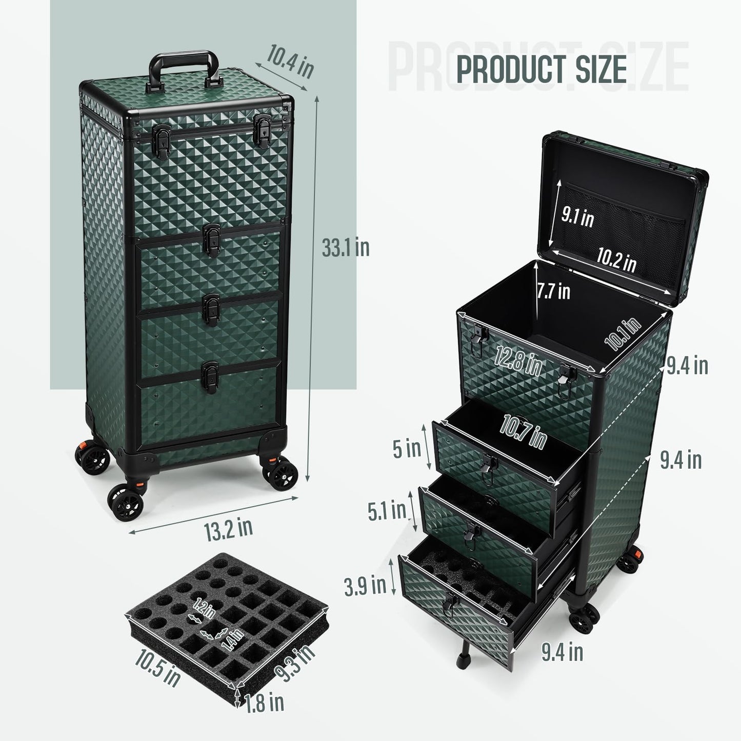 Yueieoun Nail Trolley Cart with 3 Drawers, Salon Station Cosmetology Case on Wheels Rolling Makeup Train Case Nail Case Organizer Beauty Salon Travel Case for Nailart,SPA,Hairstylist,Artist,Dark Green