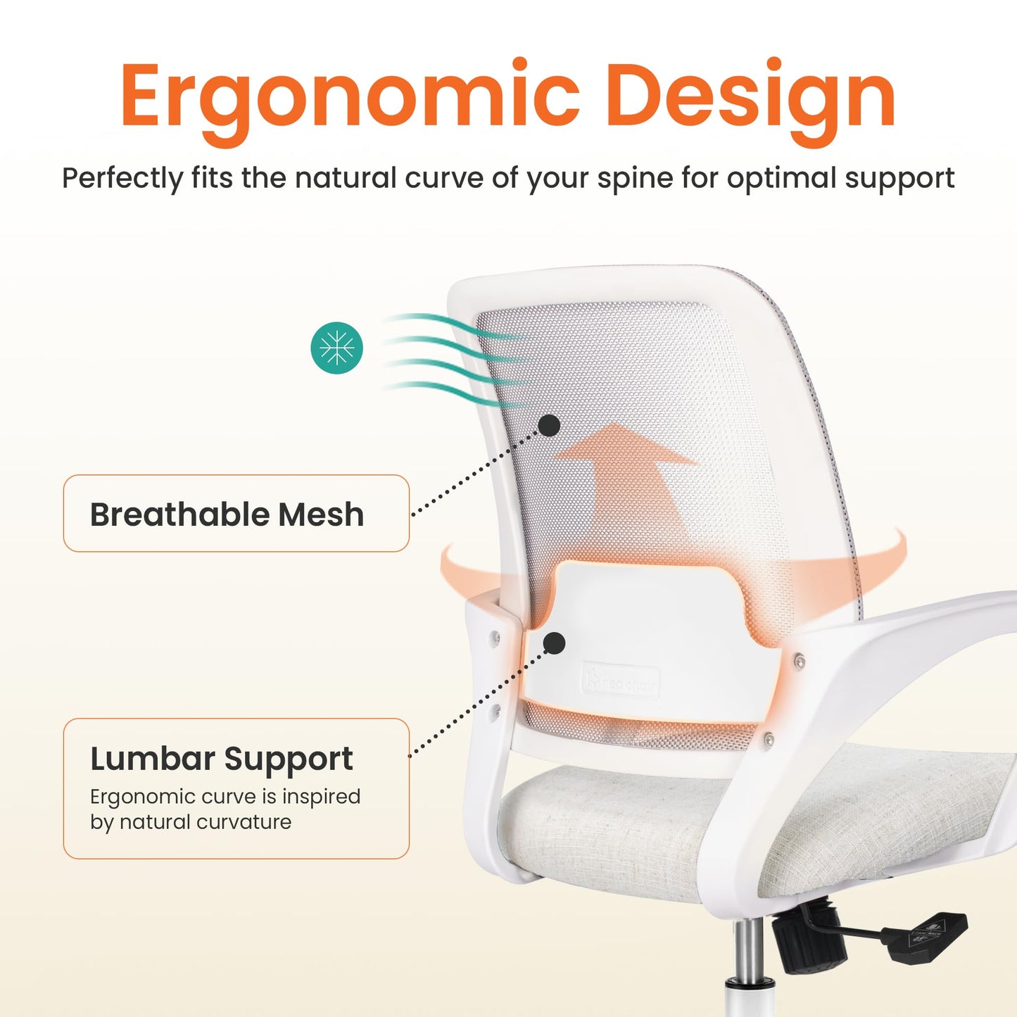 NEO Chair Office Desk Computer Ergonomic Chair Comfy Mid Back Mesh Seat with Lumbar Support Adjustable Height Swivel Rolling Wheels for Home Task Vanity Study Bedroom (Ivory-White Frame)