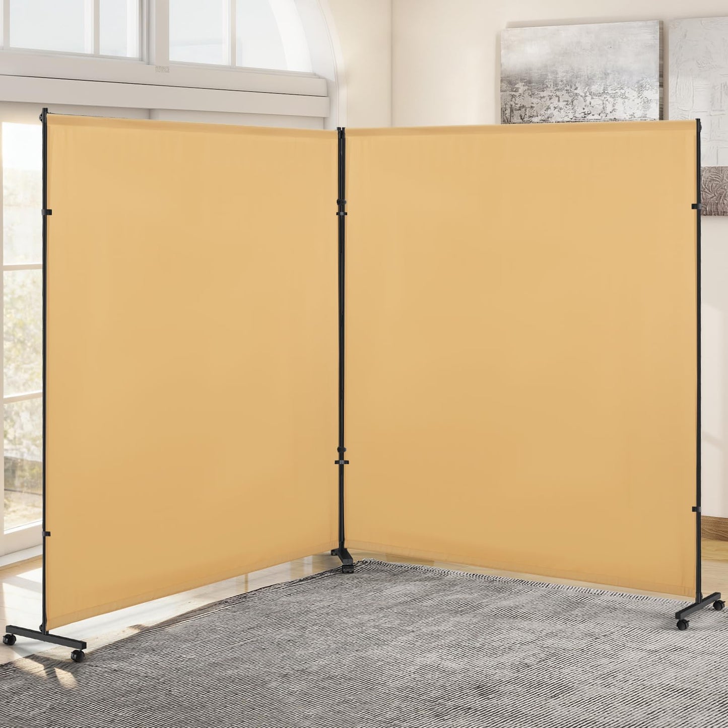 VAMFUTRE 2 Panels Room Divider/Privacy Screen with Caster Wheels and Brakes - Stylish and Versatile Partition for Home,Office,School and Restauran (Bright Yellow, 12FT*6FT)