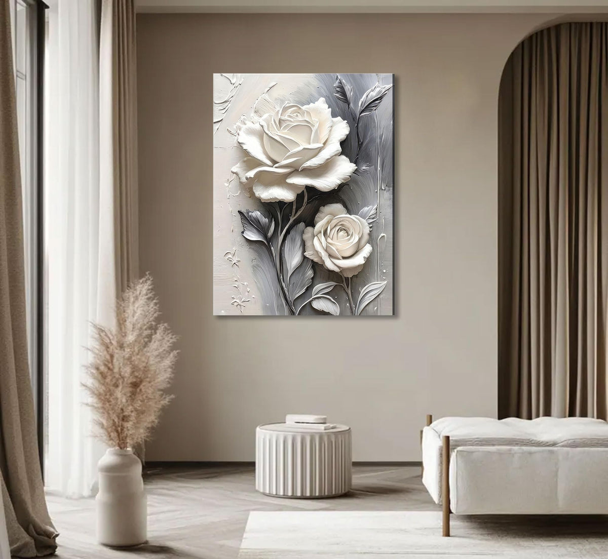 Elegant White Rose Canvas Wall art Modern Abstract Floral Wall Decor Picture White Blooming Flowers Poster Print Painting for Office Living Room Bedroom Bathroom Home Decorate Prepare To Hang