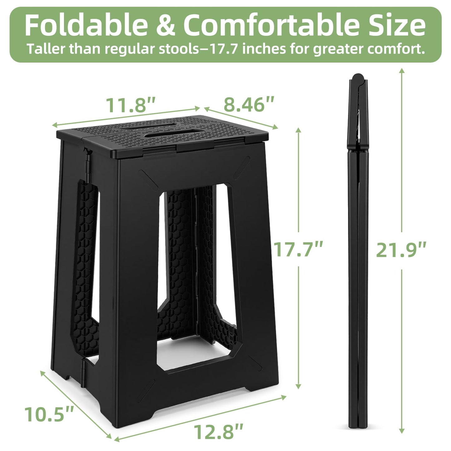 neotidy Foldable Stool Chair, 17.7” Tall Folding Seat for Adults up to 400 lb, Heavy-Duty Plastic Foldable Stool for Sitting, Portable Compact Folding Chair for Home Outdoor Camping, Black