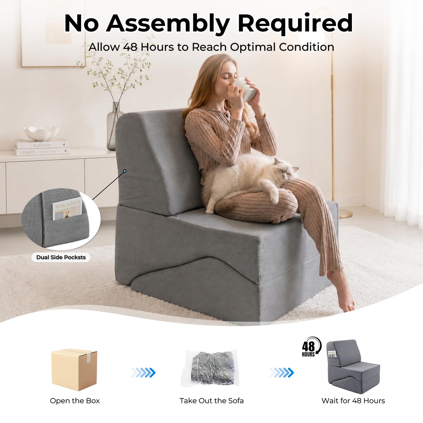 Yoga Chaise Lounge Chair Indoor for Adults, 3-in-1 Convertible Corduroy Boneless Sofa Bed, Zero Gravity Curved Design with Supportive Foam, No Assembly Required for Bedroom Living Room Reading