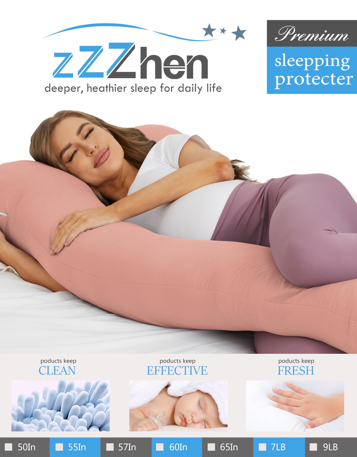 ZZZhen Pregnancy Pillow for Sleeping, U Shaped Maternity Pillow - 56 Inch with Grey Microfiber Removable Cover, Multi- Use and Support Back, Hips, Legs, Belly for Pregnant Pink Women Sleeping