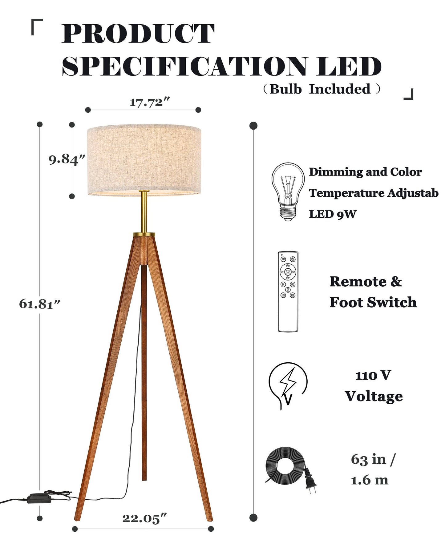 ELYONA Floor Lamp for Living Room, Solid Ash Wood Tripod Floor Lamp with Remote Control, Stepless Dimmable Standing Lamp for Bedroom, Office, Tall Lamp with Linen Shade, Mid Century Modern & Farmhouse