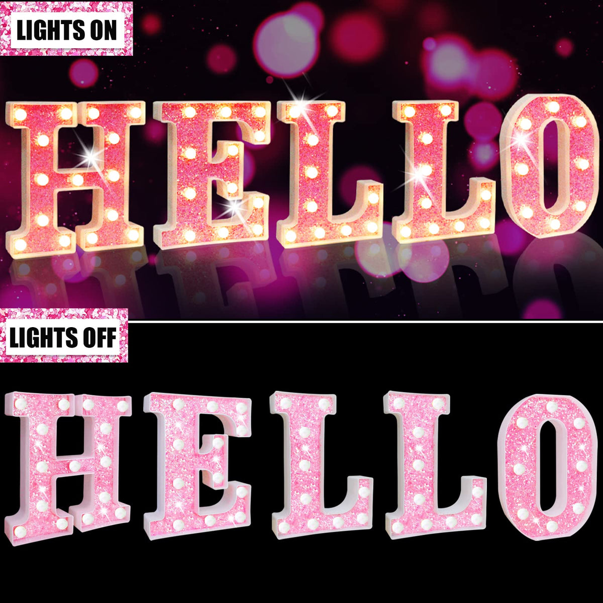 Pink Light Up Letters, Glitter Alphabet Letter Sign Pink LED Marquee Letter Lights Battery Powered for Night Light Girls Bedroom Birthday Party Wedding Home Christmas Decorations Gift for Her-Pink &