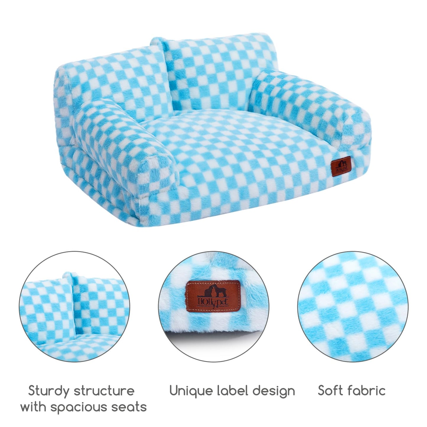 Hollypet Fluffy Dog Cat Bed Pet Couch Beds Plush Soft Warming Washable Puppy Bed for Small Medium Dogs and Large Cats, Blue and White, 24" L x 18" W x 10" Th
