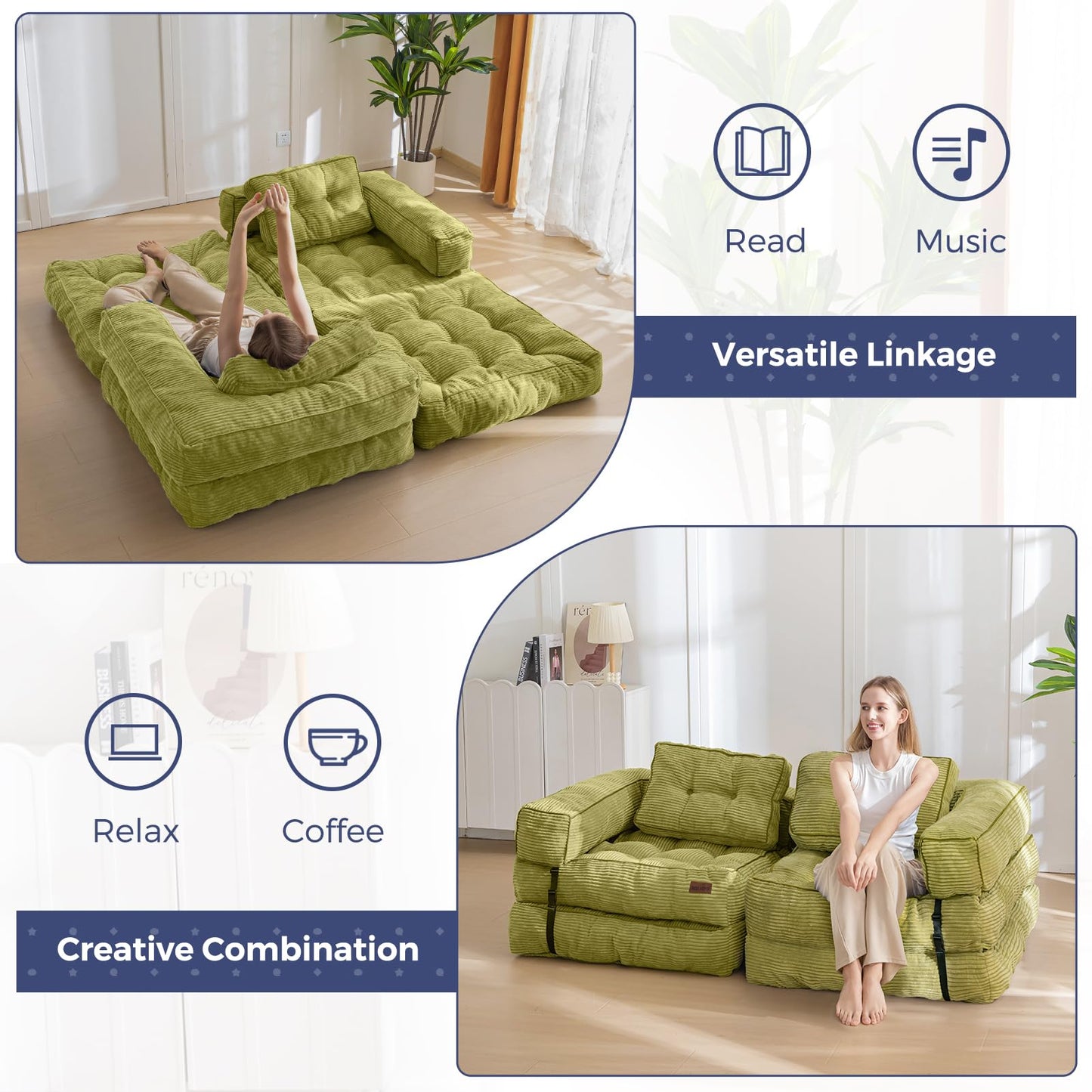 MAXYOYO Folding Sofa Bed, L-Shaped Convertible Sofa with Armrest Foldable Sleeper with Pillow, Portable Fold Out Chair Bed Comfy Floor Lounge for Living Room Bedroom, Green