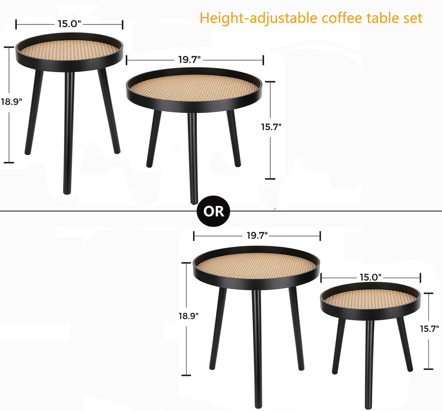 Rattan Round Side Table, Black Small End Table, Accent Table, Modern Boho Bedside Table, Mid-Century Patio Side Table, End Tables for Living Room Bedroom Office Balcony