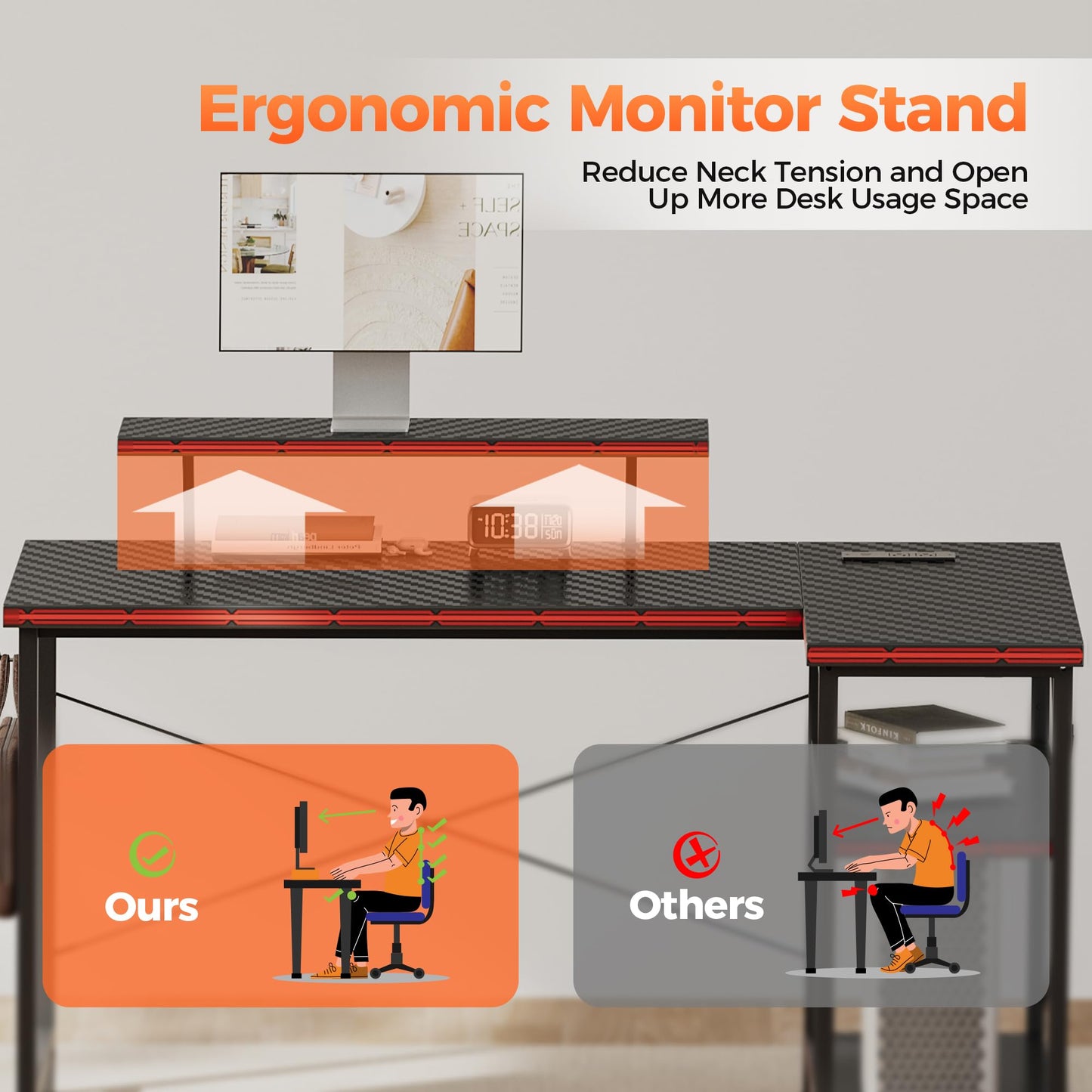 Mericonia Small L Shaped Computer Desk with Power Outlets, Reversible Gaming Desk with Storage Shelves & Monitor Stand, Corner Gamer Desk Table, Study Writing Table