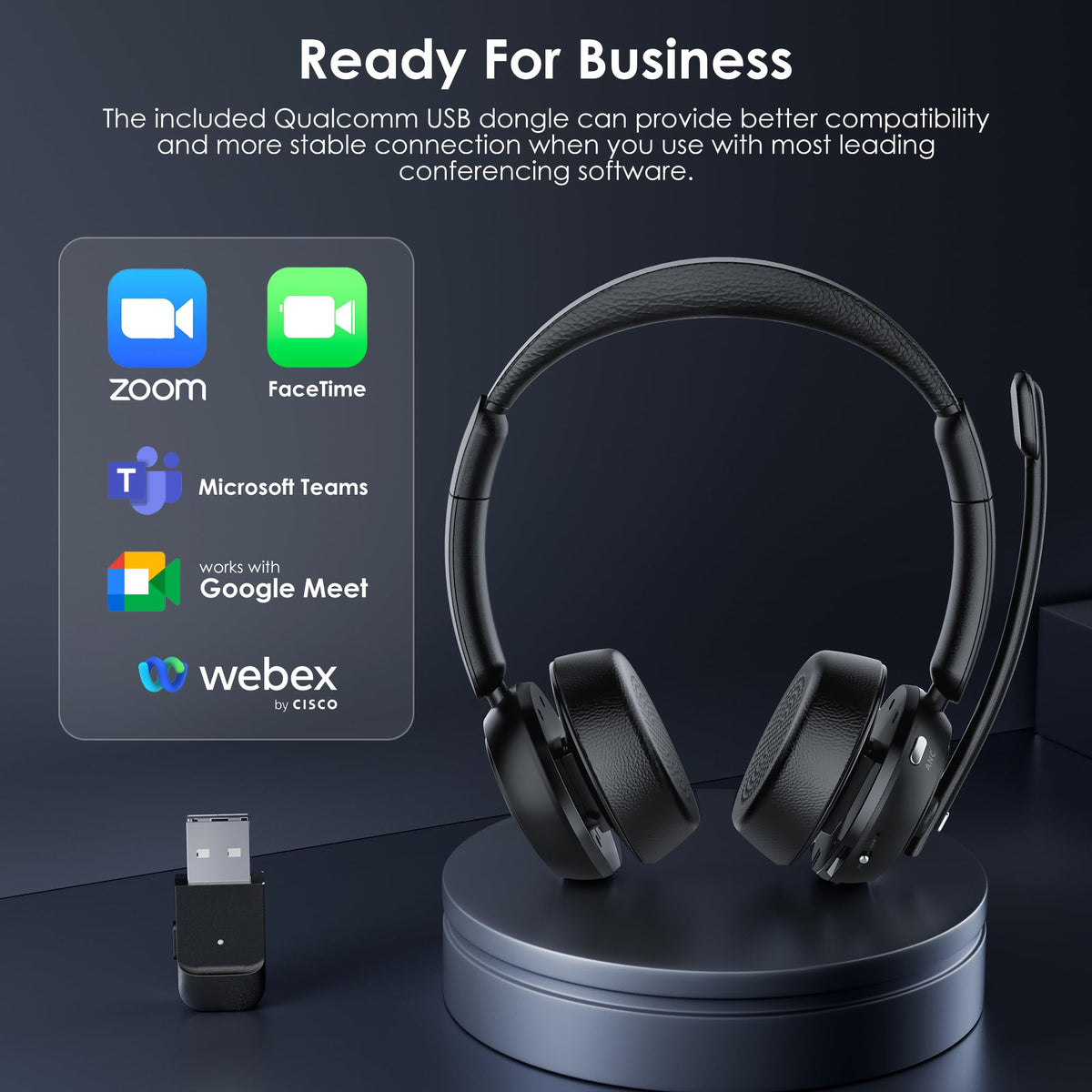 Upgrade ANC & ENC Headset with Microphone for PC, Wireless Headset with Mic for Work(Flip-to-Mute & USB Dongle), Bluetooth 5.4 Noise Cancelling Headphones with Mic for Call Center/Home/Computer/Phones