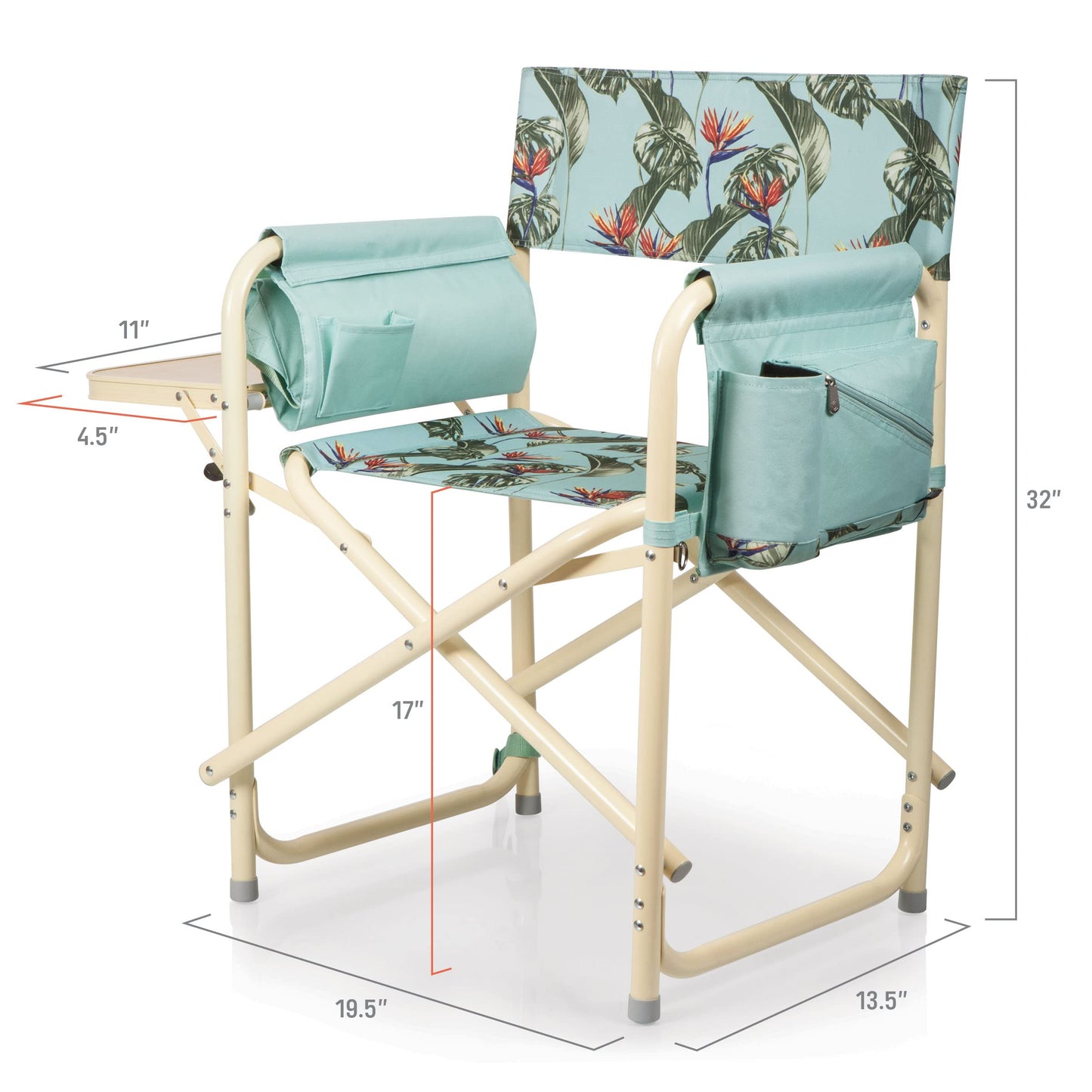 PICNIC TIME Outdoor Directors Chair with Side Table, 300 lb Capacity Folding Outdoor Beach Chair for Adults with Foldaway Backpack Straps, Armrest Caddy, and Umbrella Loop (Tropical Foliage Pattern)