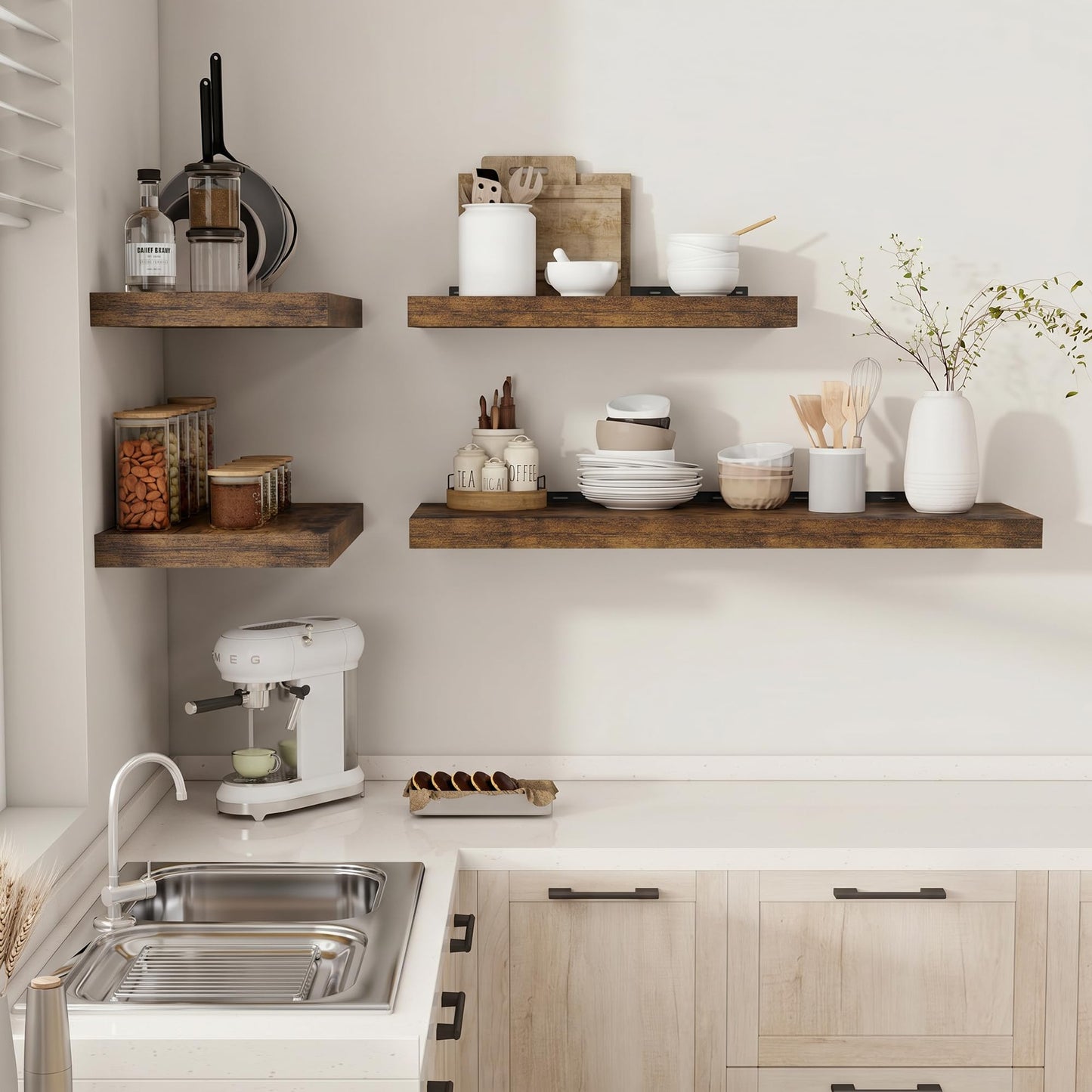 Vivelove 12" Deep Floating Shelves for Wall 36" Long, Wall Shelves for Bedroom Living Room Bathroom Kitchen Laundry Room, Farmhouse Rustic Shelves for Home Decor, 36" X 12" X 2" Set Of 2, Rustic Brown