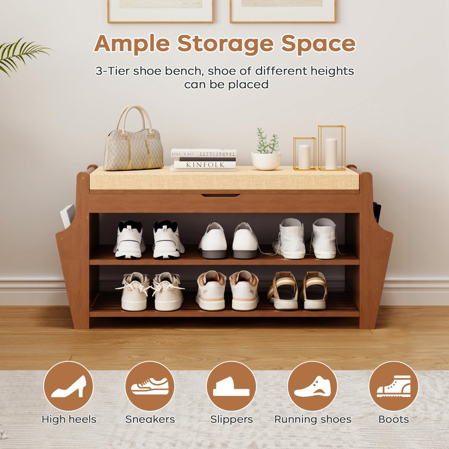 oakvivo 34.3in Shoe Bench, Bamboo 3-Tier Entryway Bench with Storage, Shoe Rack Organizer Holds Up to 330 lb, 34.3 x 11.8 x 18.9 Inches for Entryway Bedroom Closet Living Room Hallway
